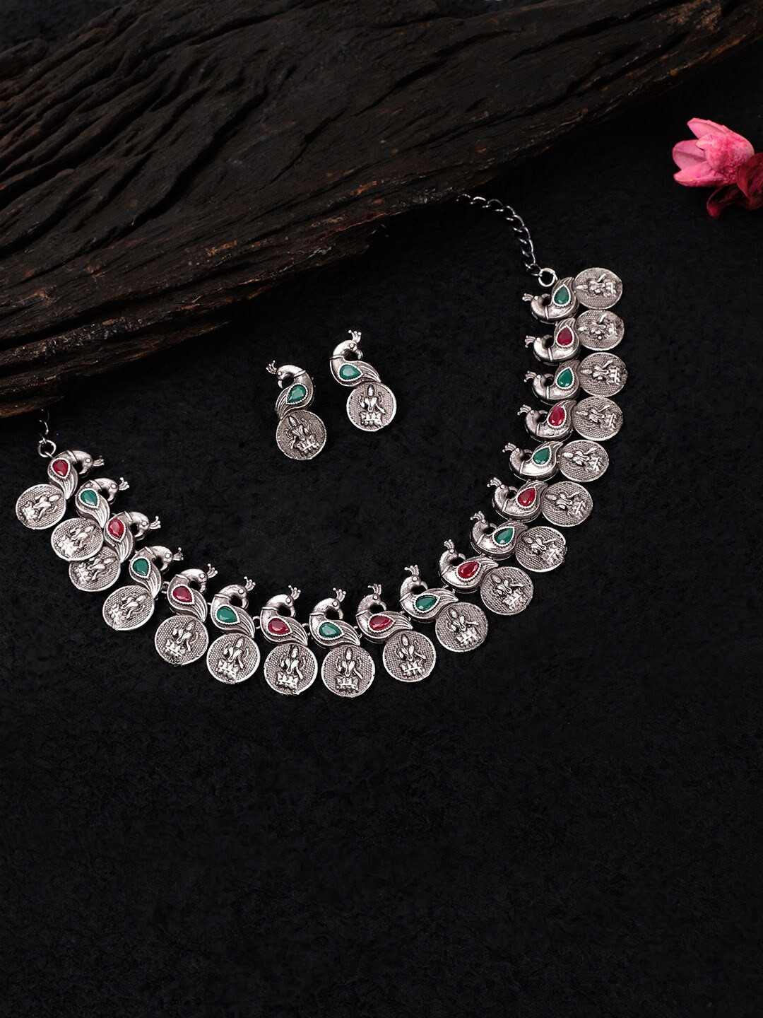 

Rubans Red & Green Stone-Studded Oxidized Silver-Plated Jewellery Set