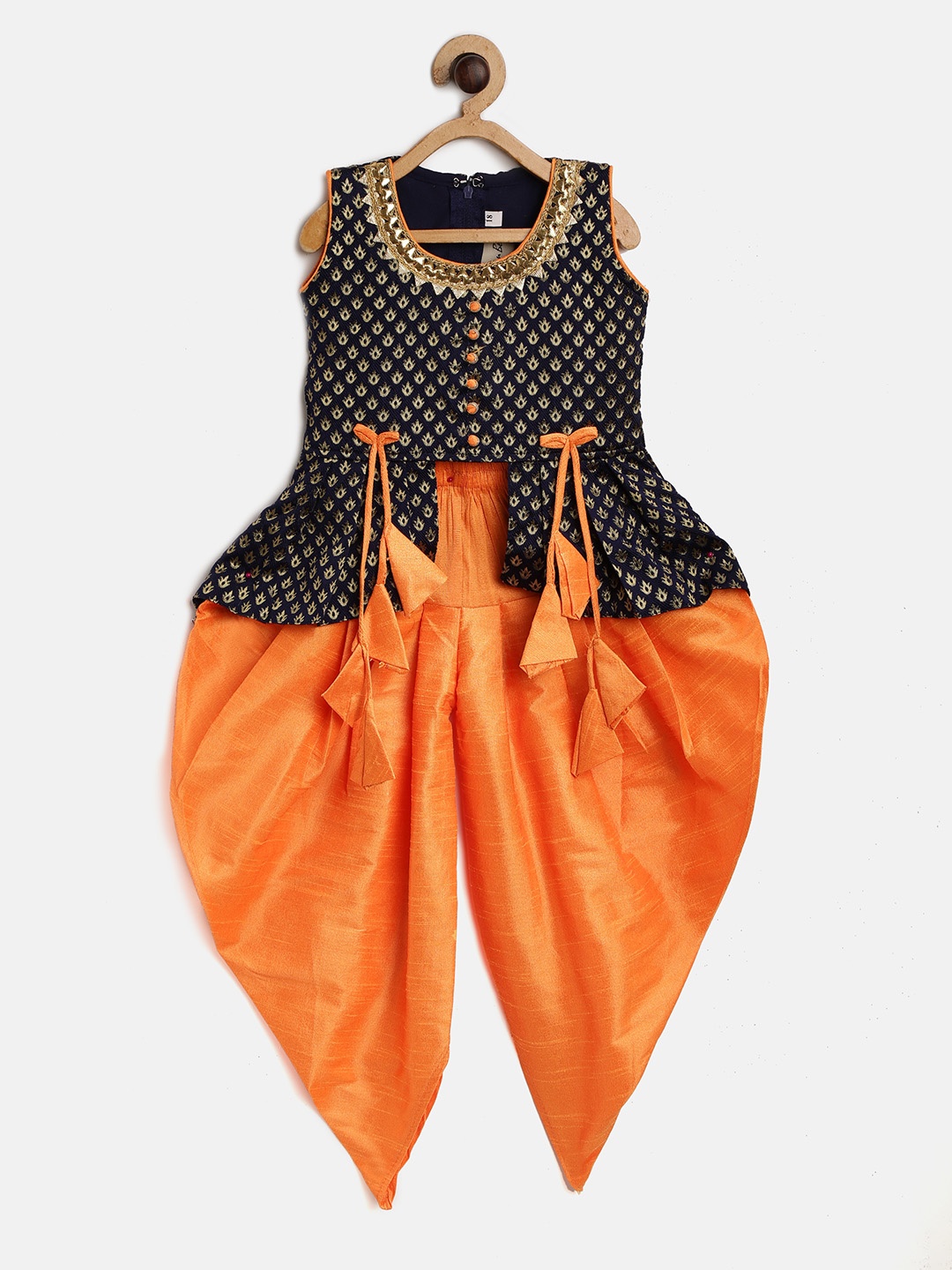 

BownBee Girls Navy Blue & Orange Self Design Kurti with Dhoti Pants