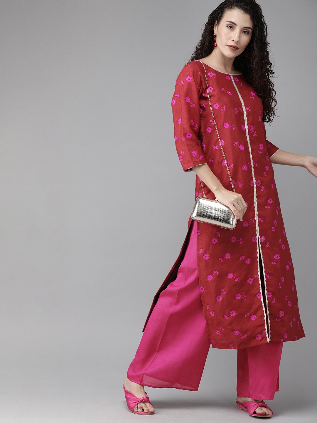 Ahalyaa Women Red & Pink Printed Kurta with Palazzos