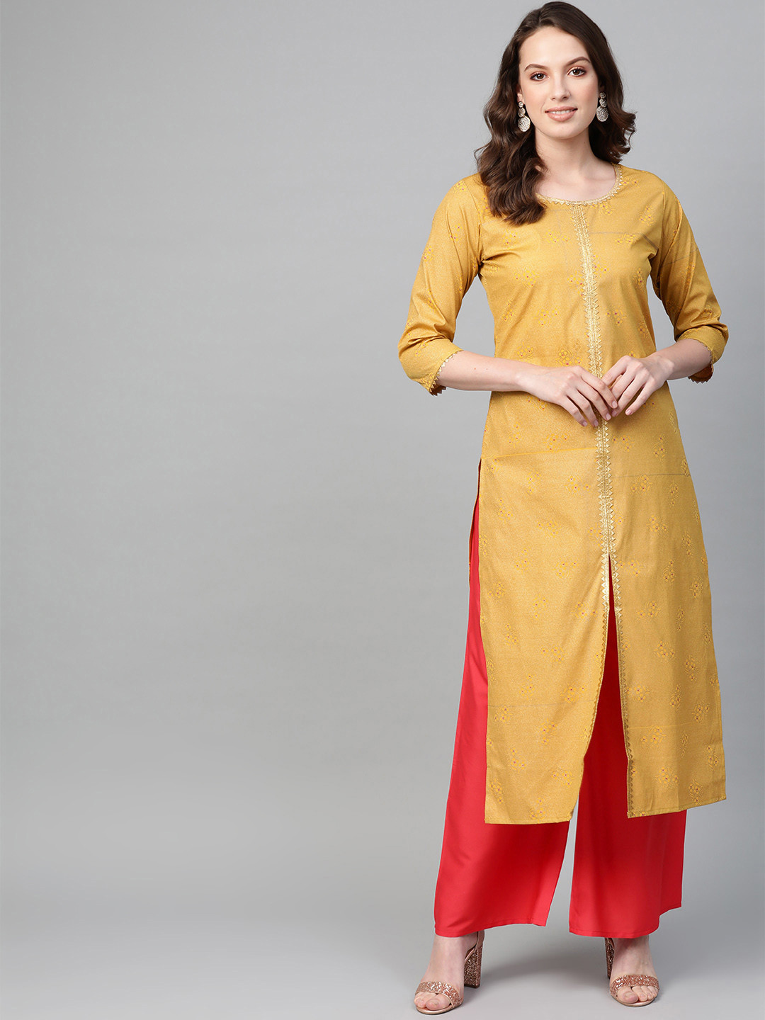 

Ahalyaa Women Mustard Yellow & Coral Red Printed Kurta with Palazzos