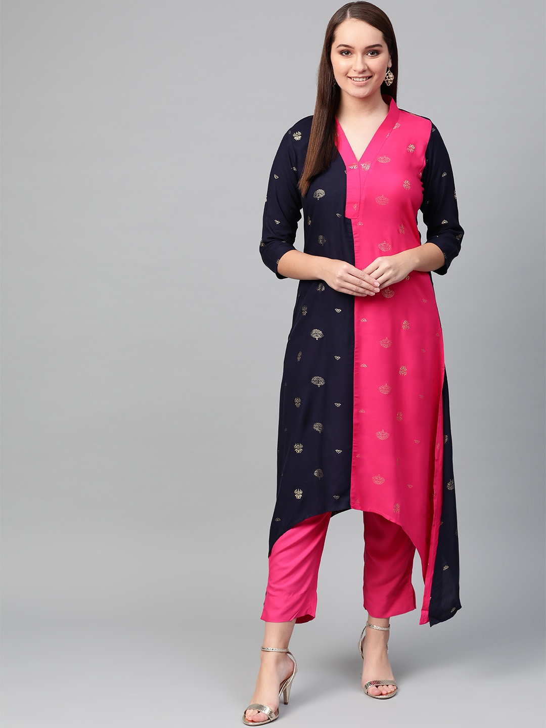 

Ahalyaa Women Navy Blue & Pink Colourblocked Kurta with Trousers