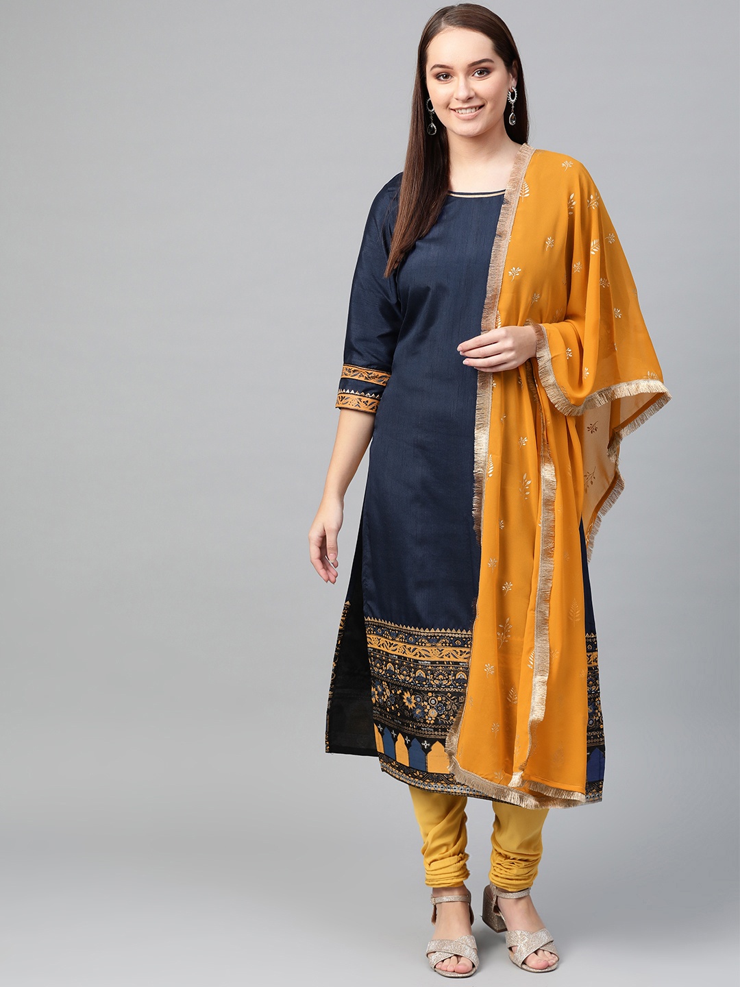 

Ahalyaa Women Navy Blue & Mustard Yellow Solid Kurta with Churidar & Dupatta