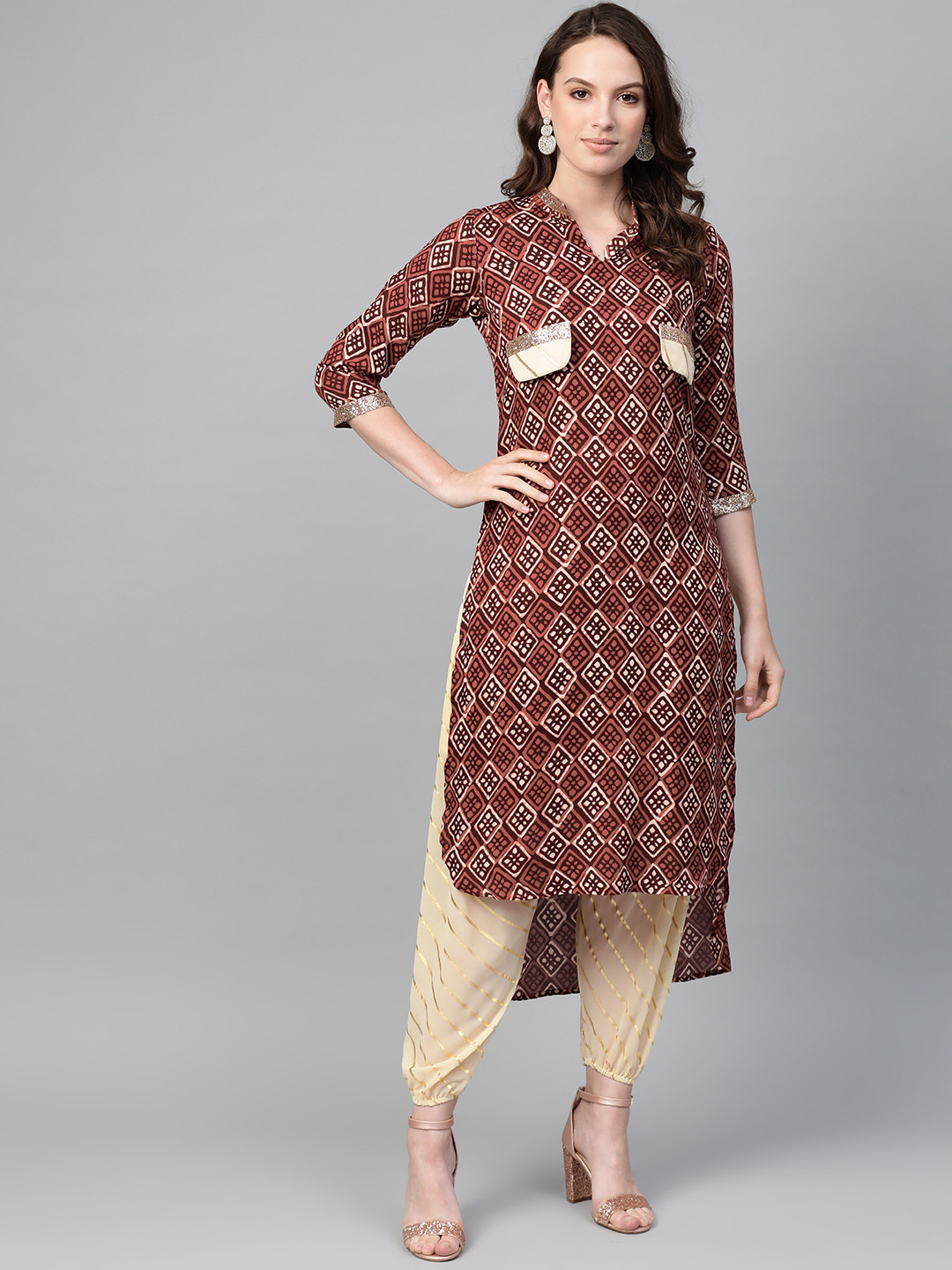 

Ahalyaa Women Maroon & Cream-Coloured Printed Straight Kurta with Salwar