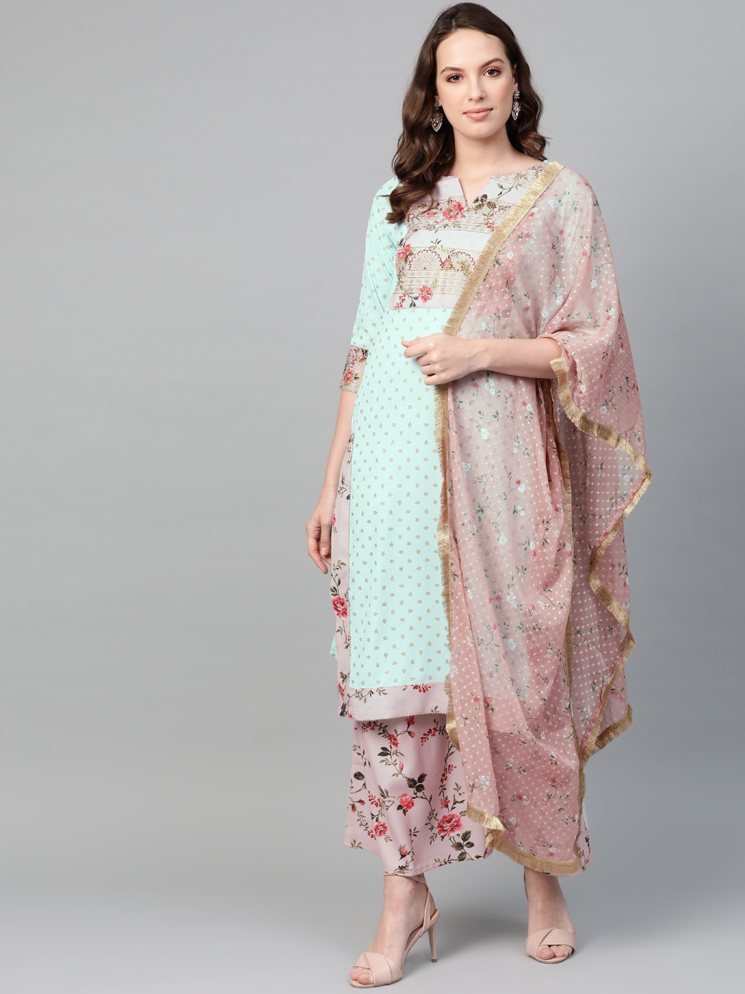 

Ahalyaa Women Sea Green & Pink Printed Straight Kurta with Palazzos & Dupatta