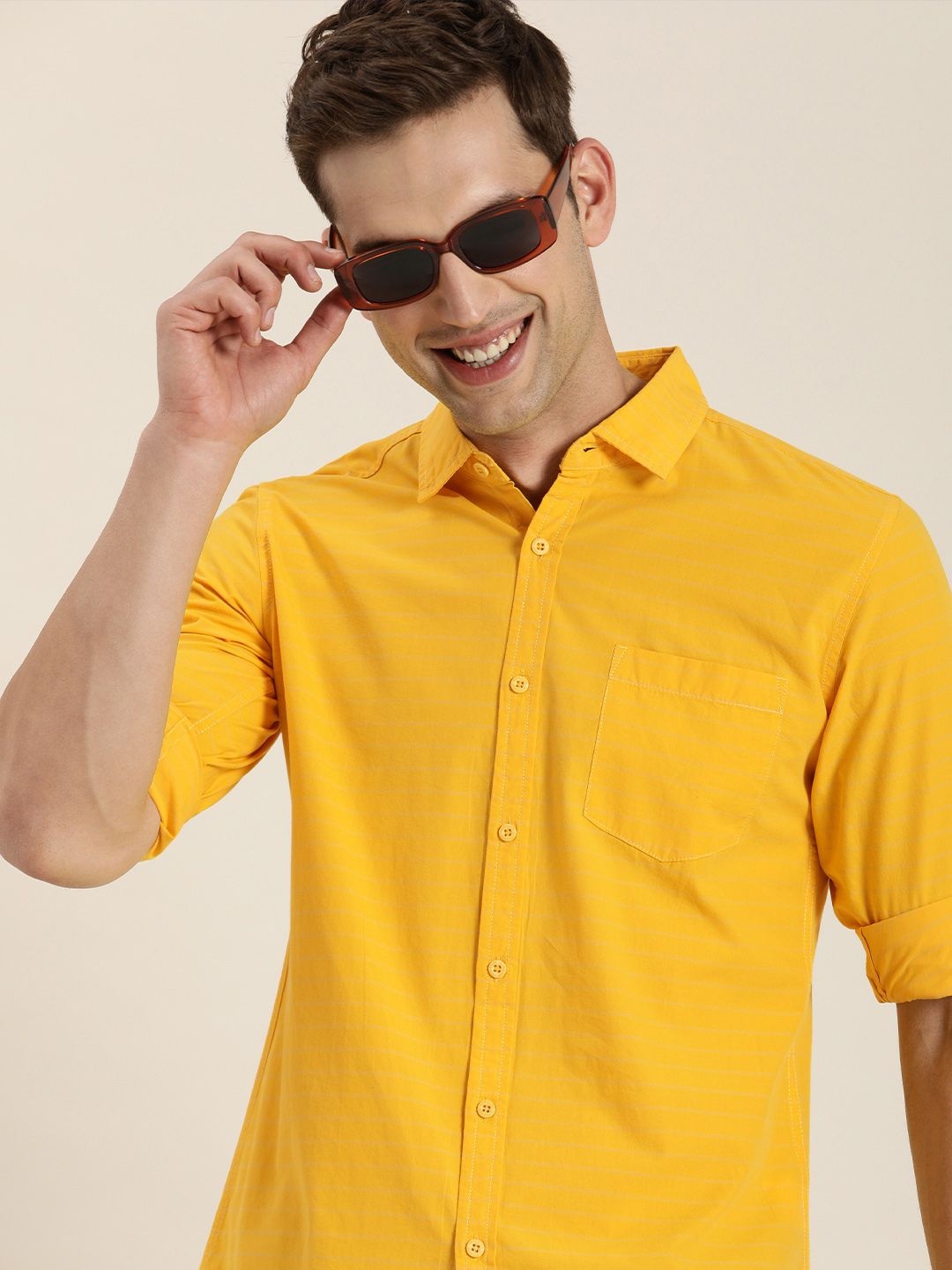 

HERE&NOW Men Pure Cotton Slim Fit Striped Casual Shirt, Mustard