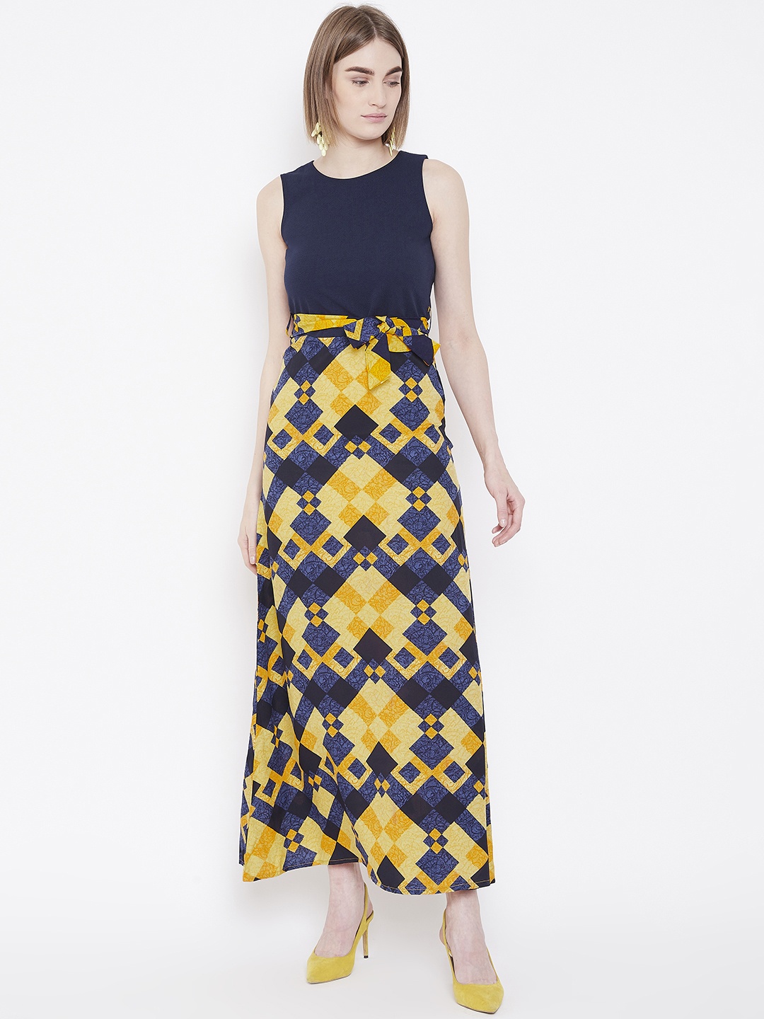

Deewa Women Navy Blue & Yellow Printed Maxi Dress