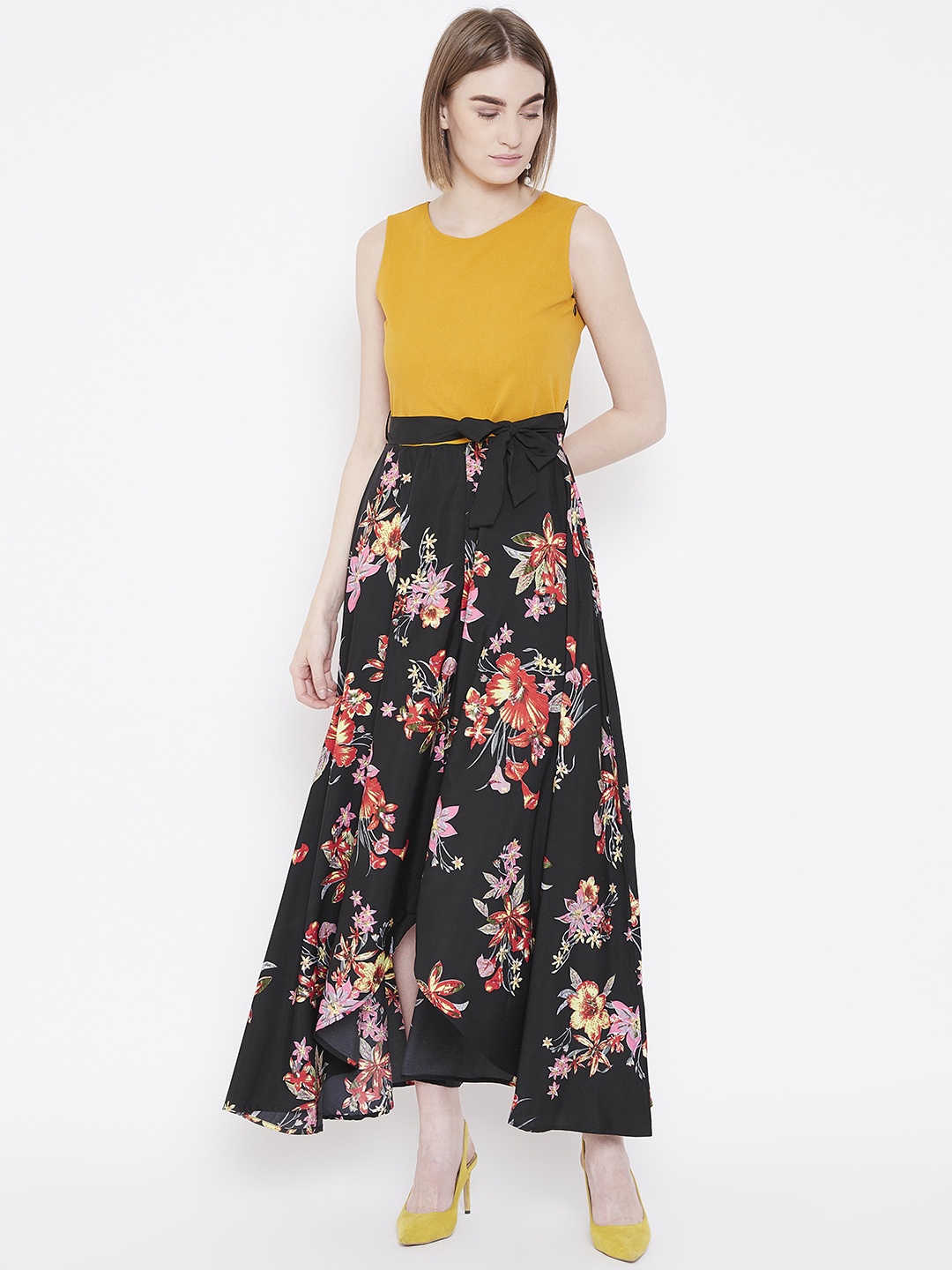 

Deewa Women Black & Mustard Yellow Floral Printed Maxi Dress