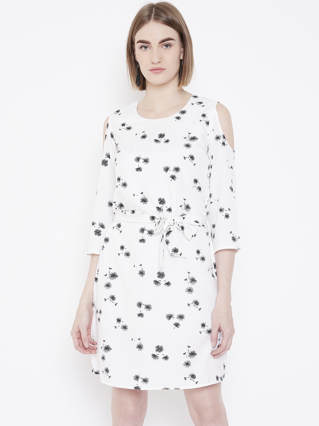 

Deewa Women White & Black Cold-Shoulder Floral Printed A-Line Dress