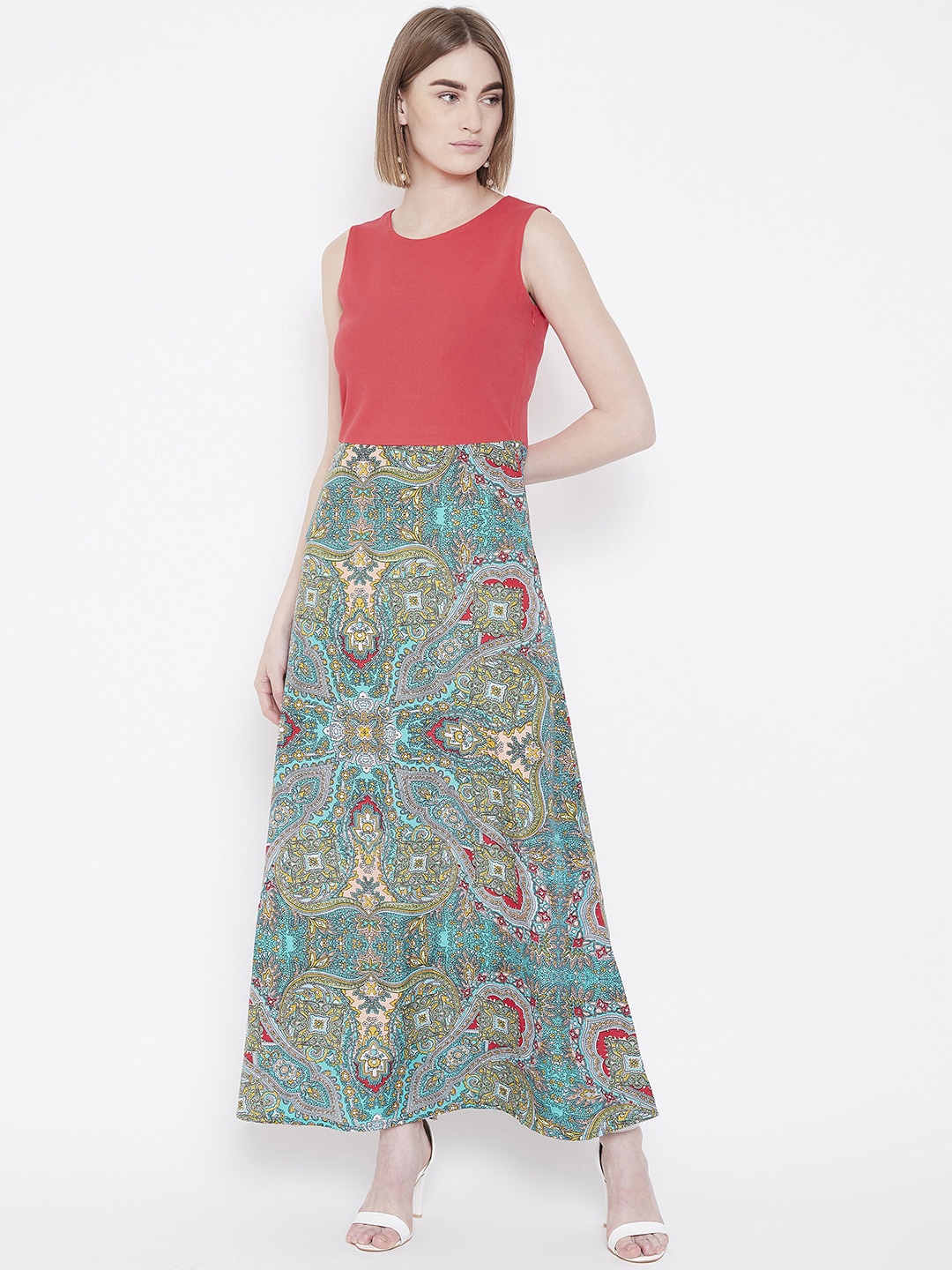 

Deewa Women Coral Pink & Green Printed Maxi Dress
