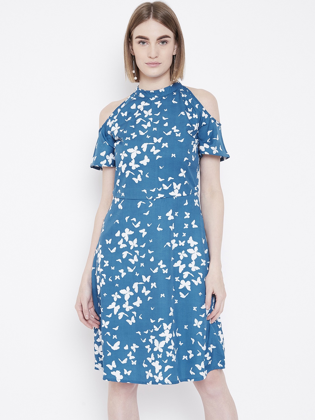 

Deewa Women Blue & White Butterfly Printed Cold-Shoulder A-Line Dress