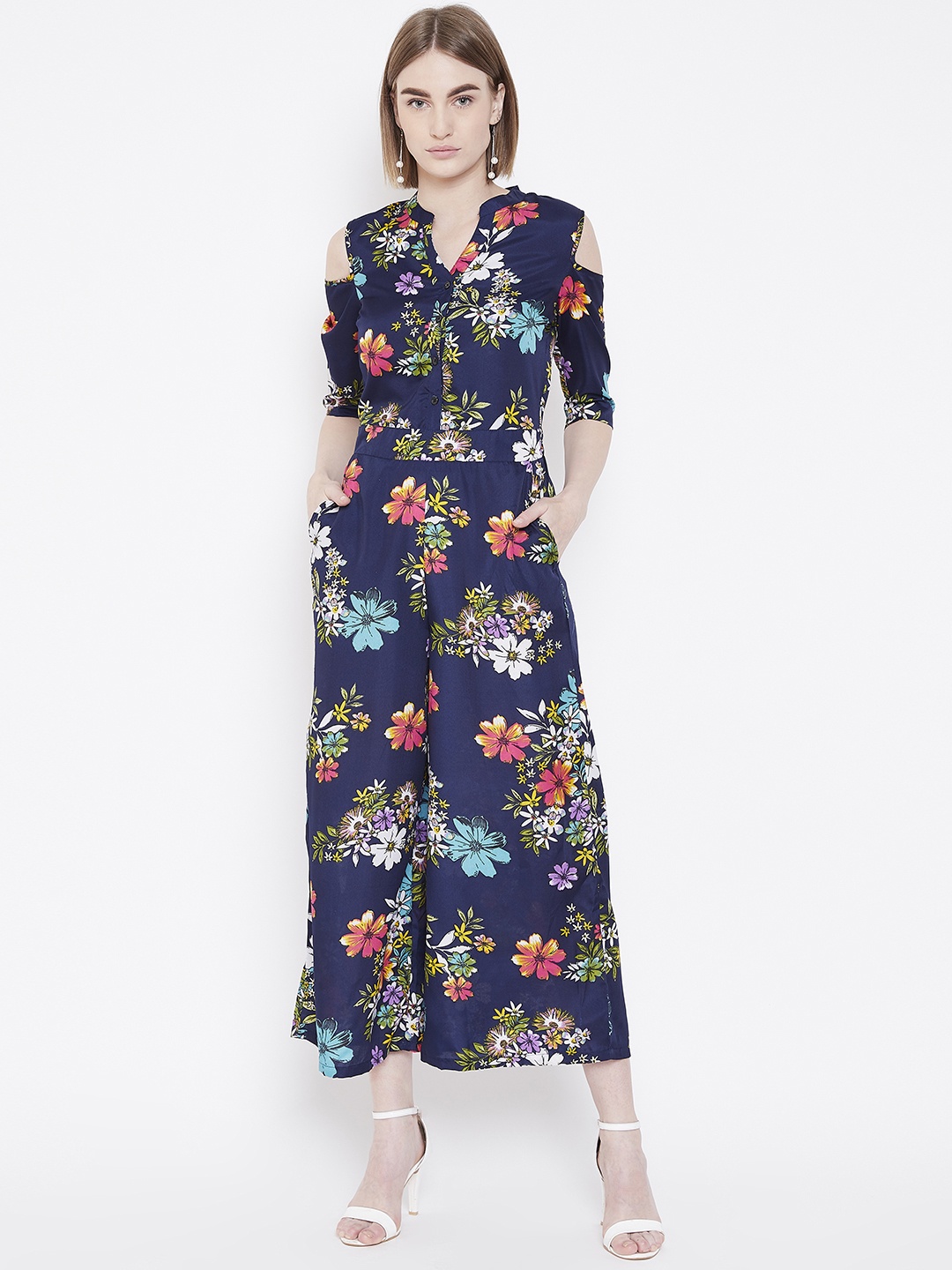 

Deewa Women Navy Blue & Pink Printed Cold-Shoulder Basic Jumpsuit