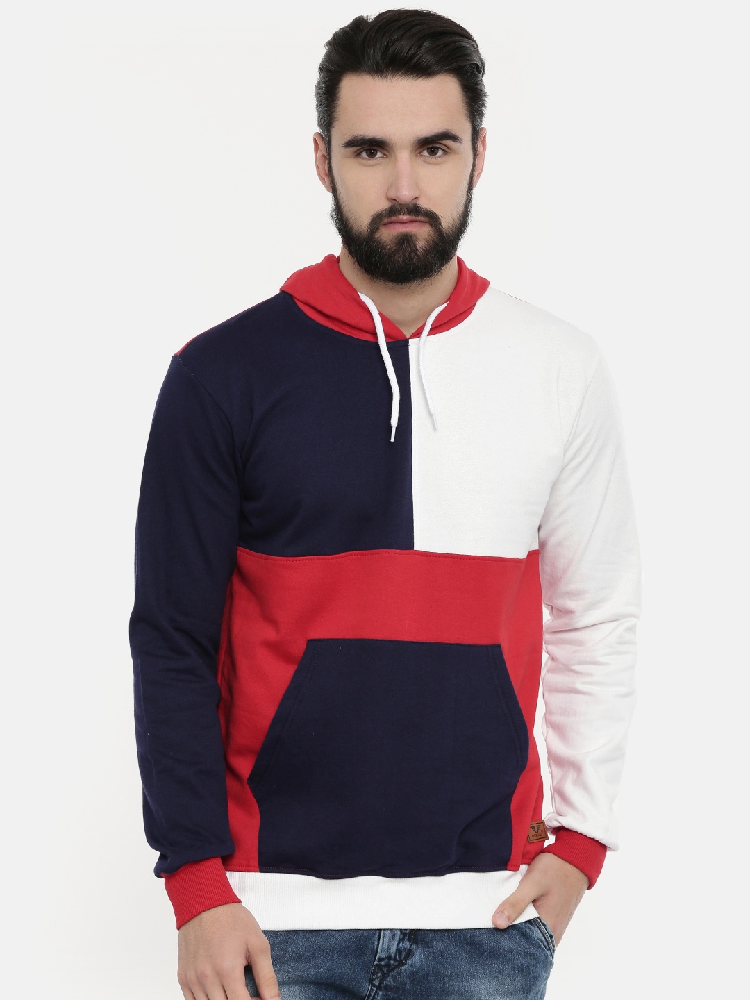 

UNSULLY Men Off-White & Navy Blue Colourblocked Hooded Sweatshirt