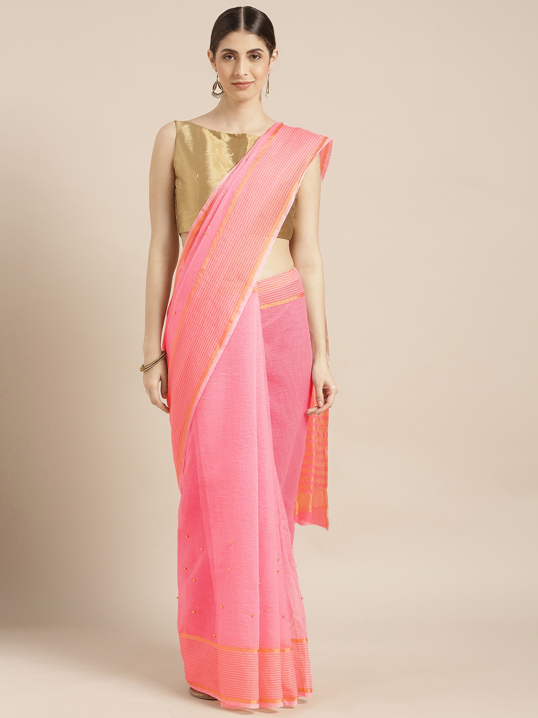 

Blissta Pink Cotton Blend Embellished Kota Saree
