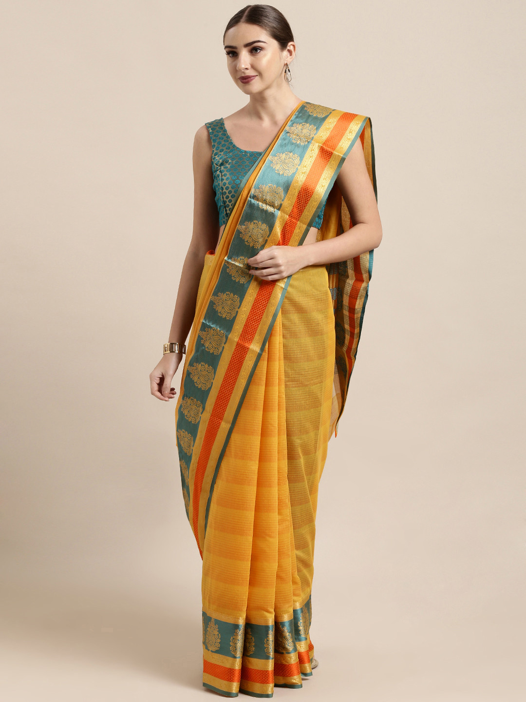

Satrani Yellow & Orange Silk Cotton Striped Banarasi Saree