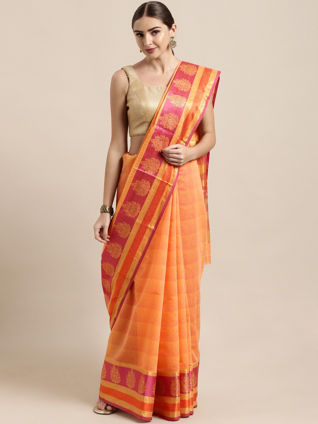 

Satrani Peach-Coloured & Pink Silk Cotton Striped Banarasi Saree