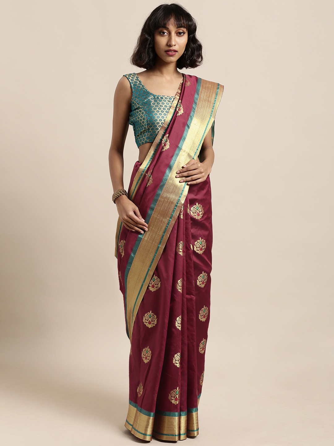 

Satrani Maroon Poly Silk Woven Design Kanjeevaram Saree