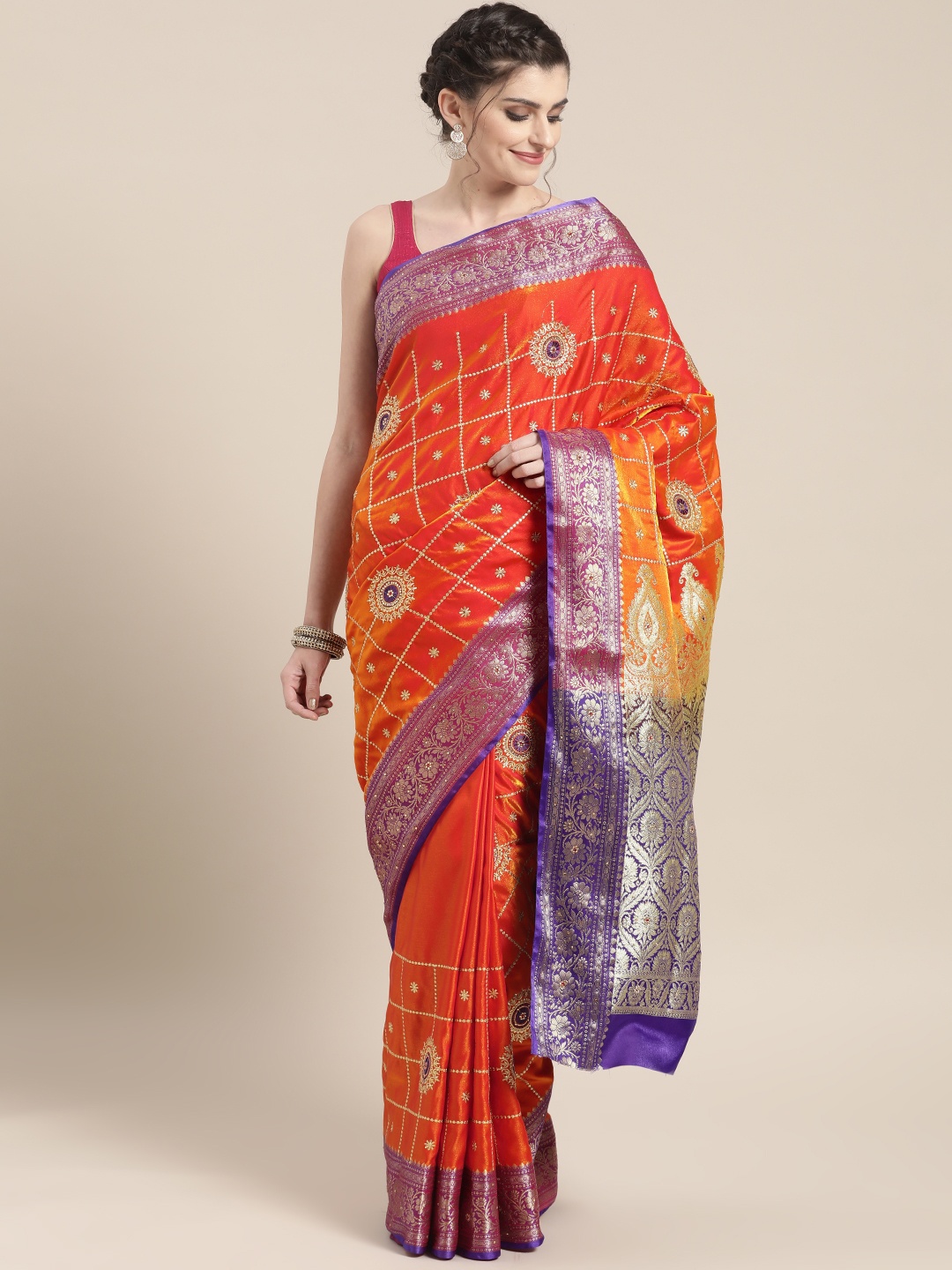 

Chhabra 555 Orange Checked Banarasi Saree