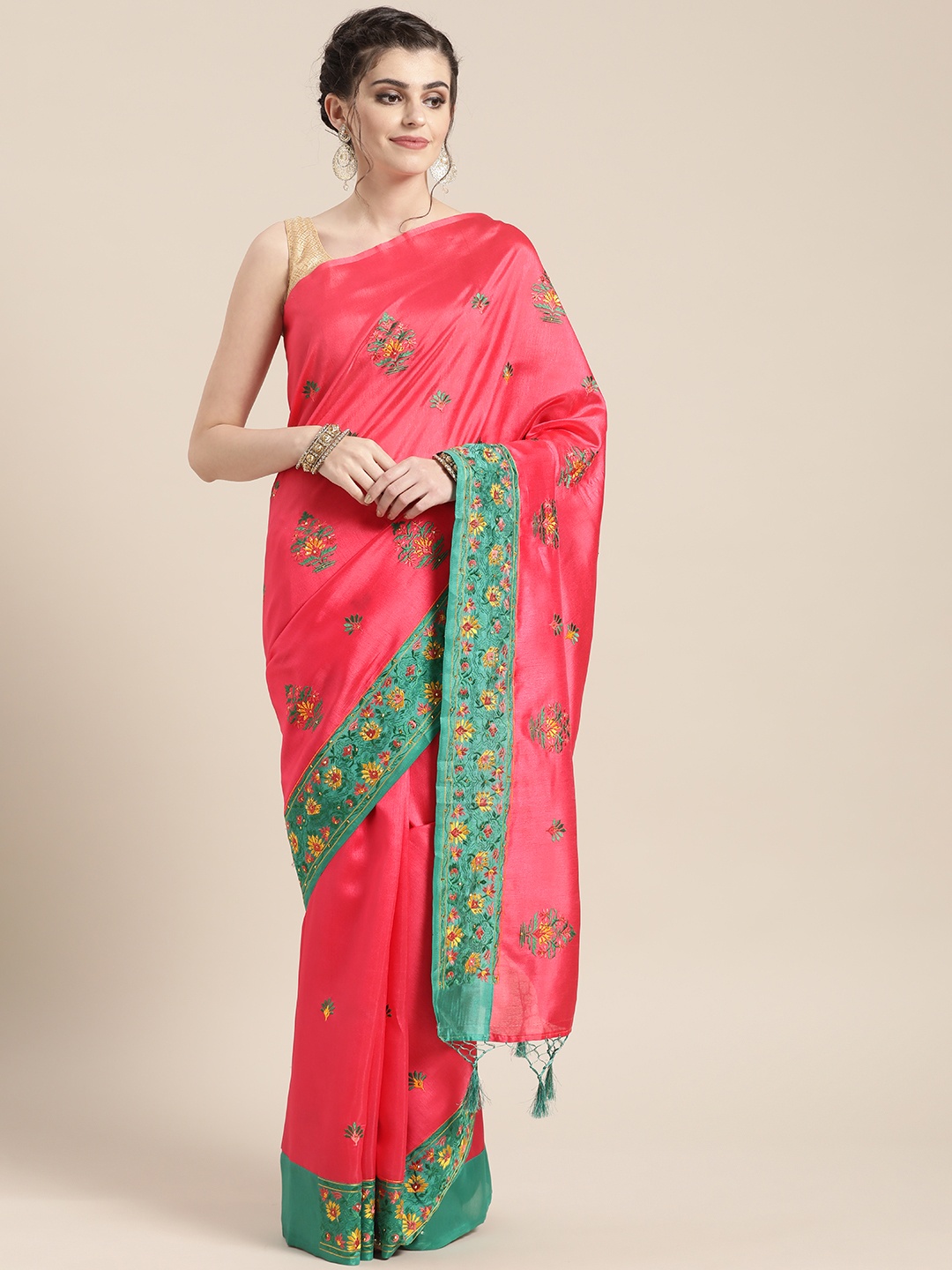 

Chhabra 555 Pink & Green Kantha Embroidered Tussar Banarasi Saree