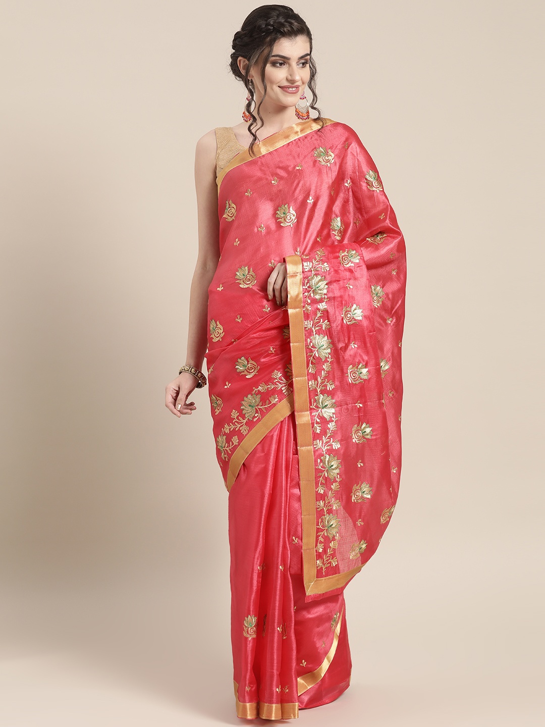 

Chhabra 555 Pink & Golden Zari Embroidered Tussar Saree