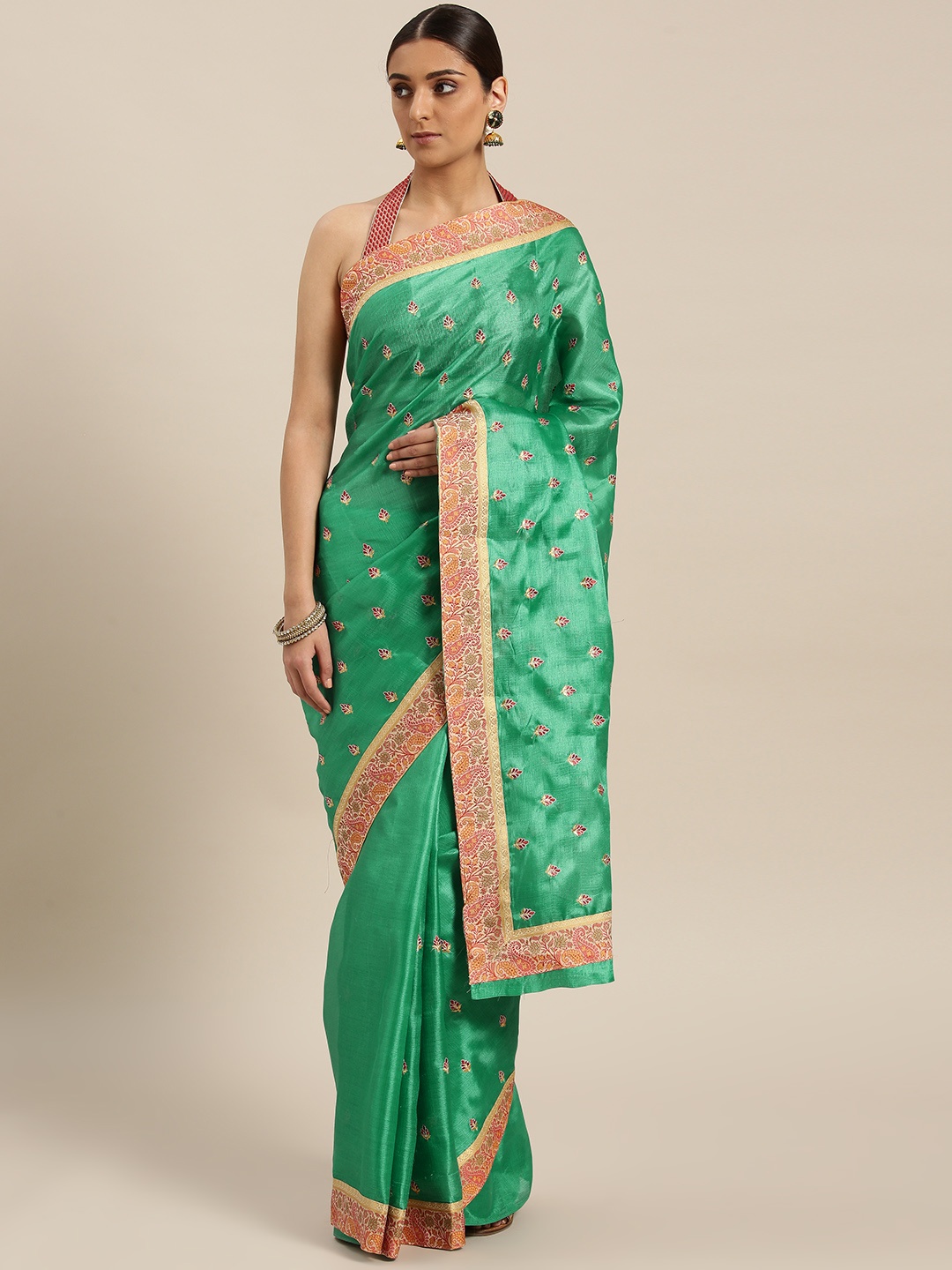 

Chhabra 555 Green & Red Embroidered Tussar Saree