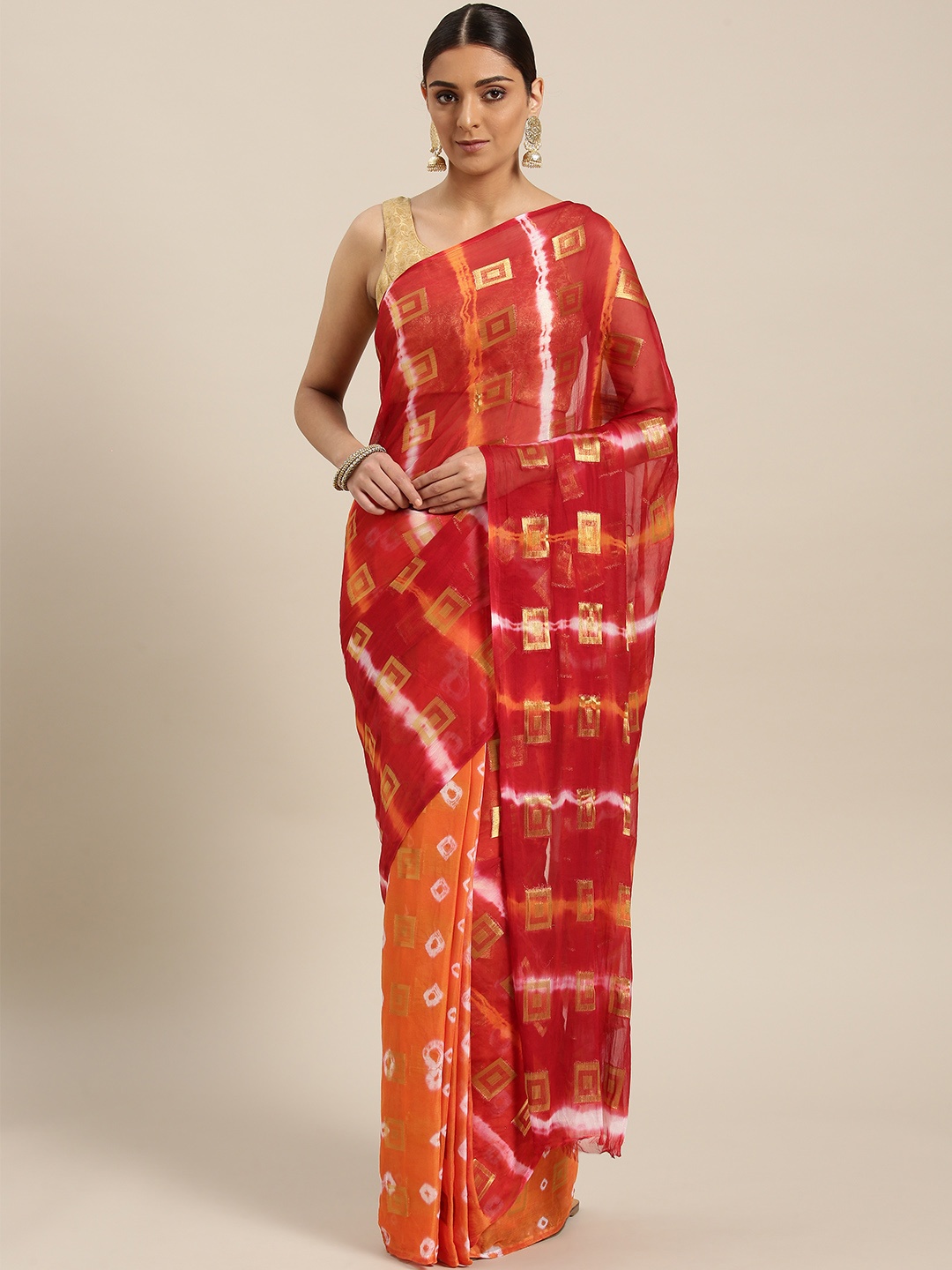 

Chhabra 555 Red & Orange Printed Bandhani Saree