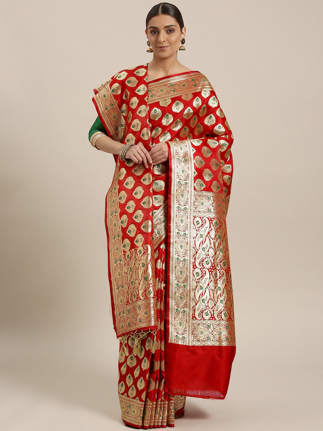 

Chhabra 555 Red & Golden Zari Woven Design Kanjeevaram Wedding Saree With Dupatta