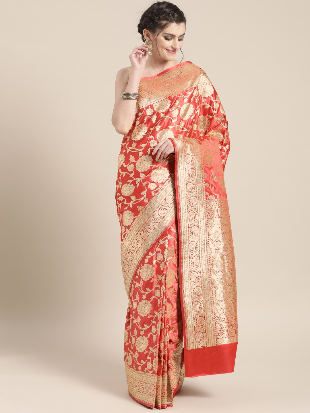 

Chhabra 555 Coral Red & Golden Woven Design Kanjeevaram Saree