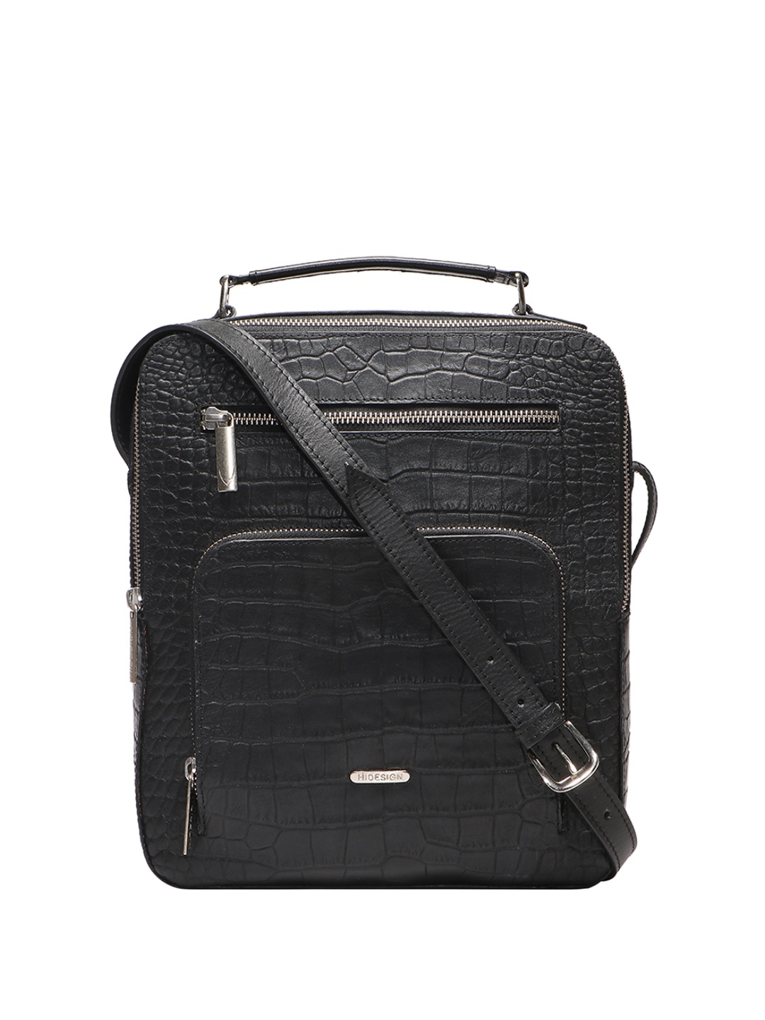 

Hidesign Men Black Textured Leather Messenger Bag