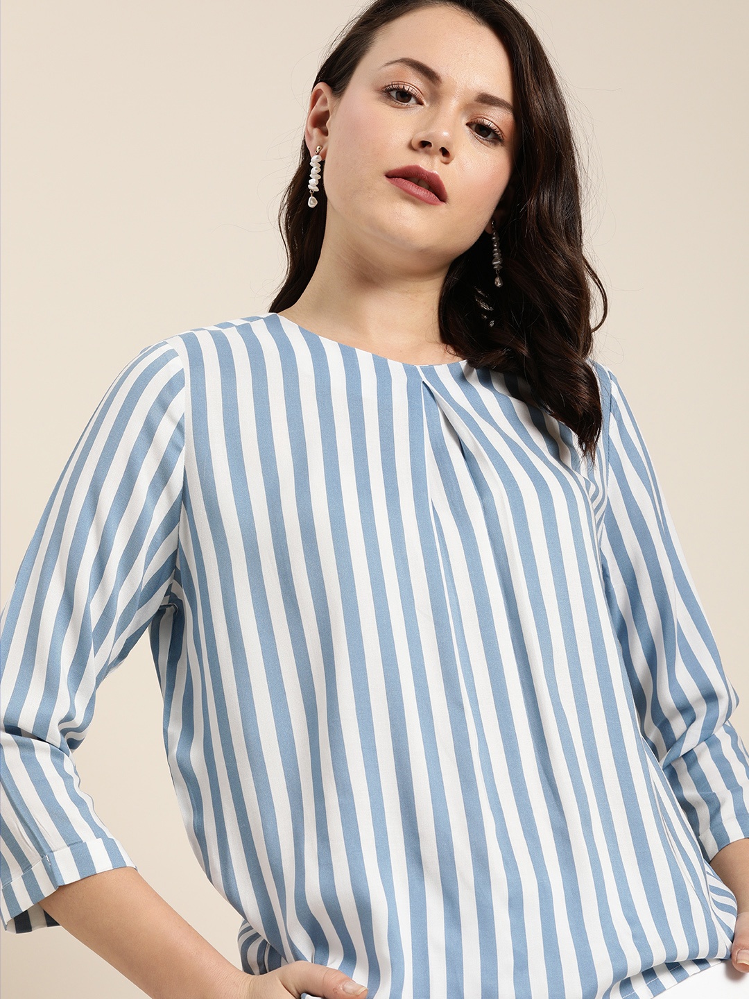 

her by invictus Blue & White Striped Top With Gathered Detail