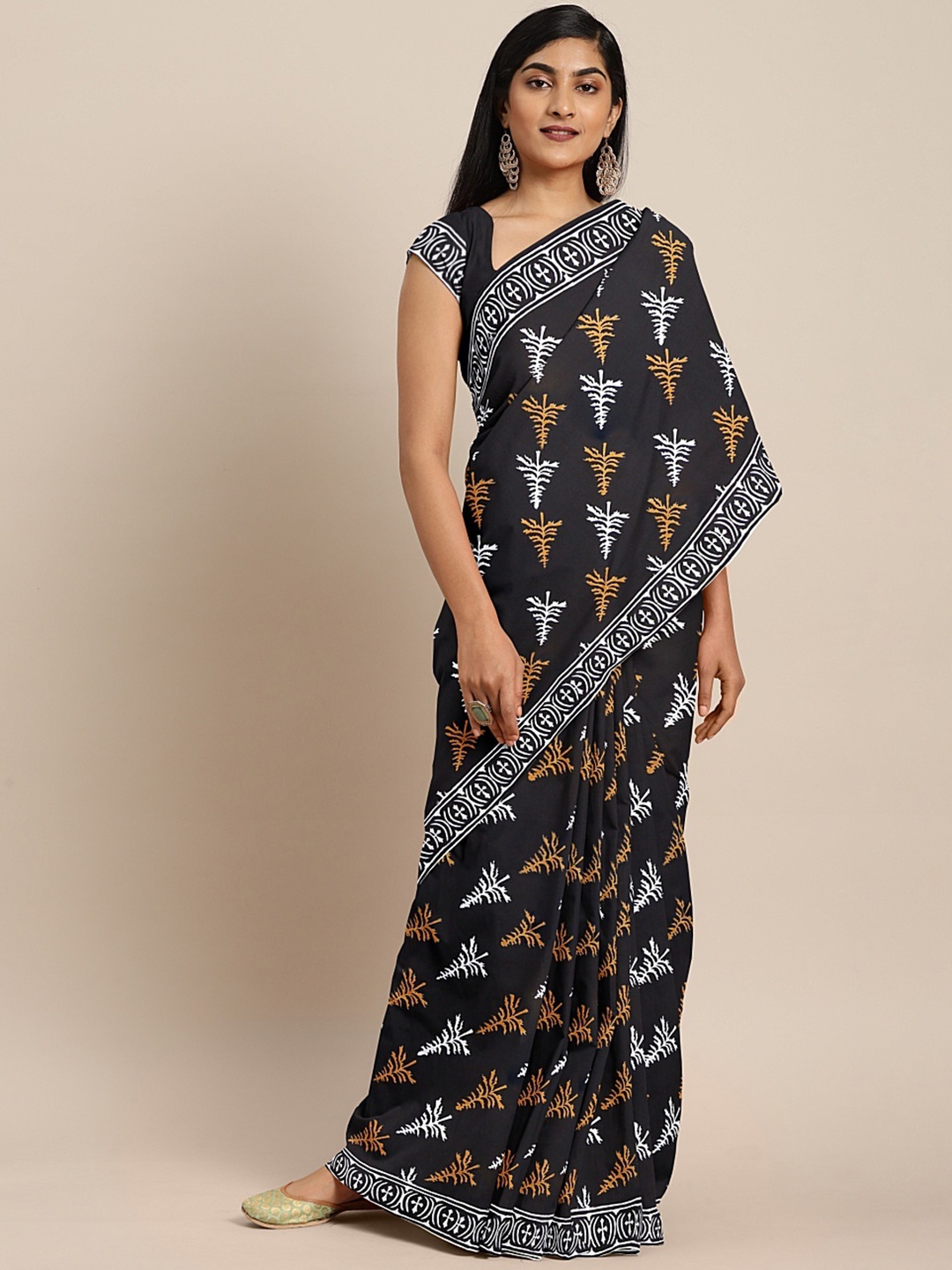 

Kalakari India Black & Yellow Dabu Handblock Print Handloom Bagru Sustainable Saree