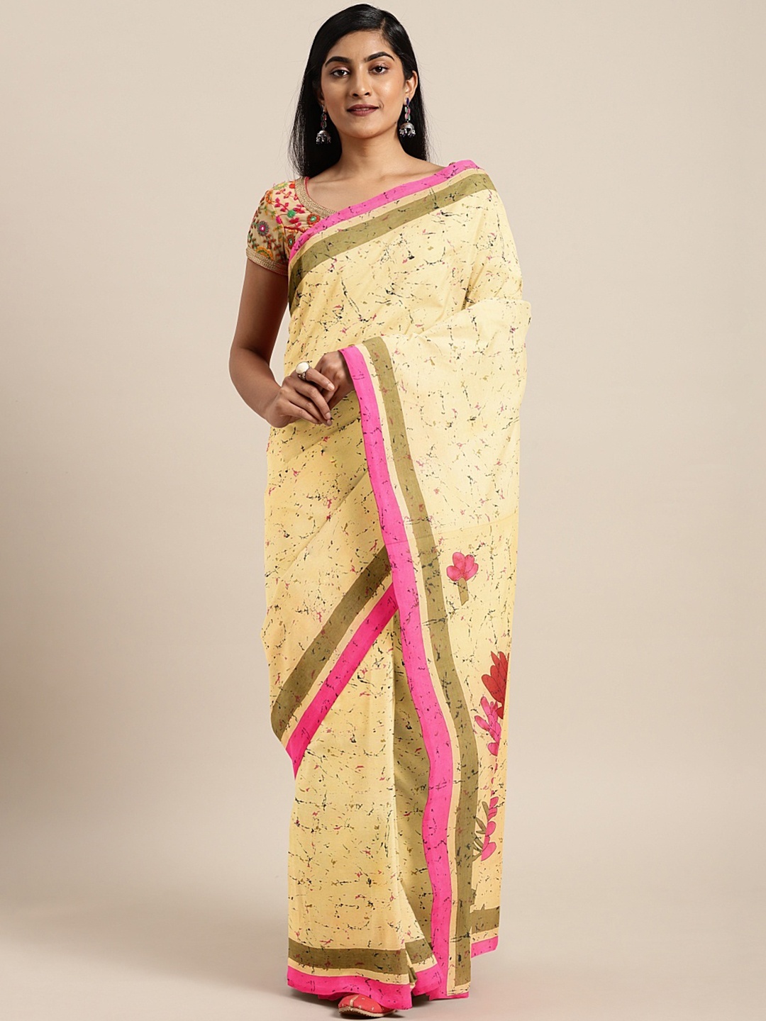 

Kalakari India Yellow & Pink Pure Cotton Handcrafted Printed Bagru Sustainable Saree