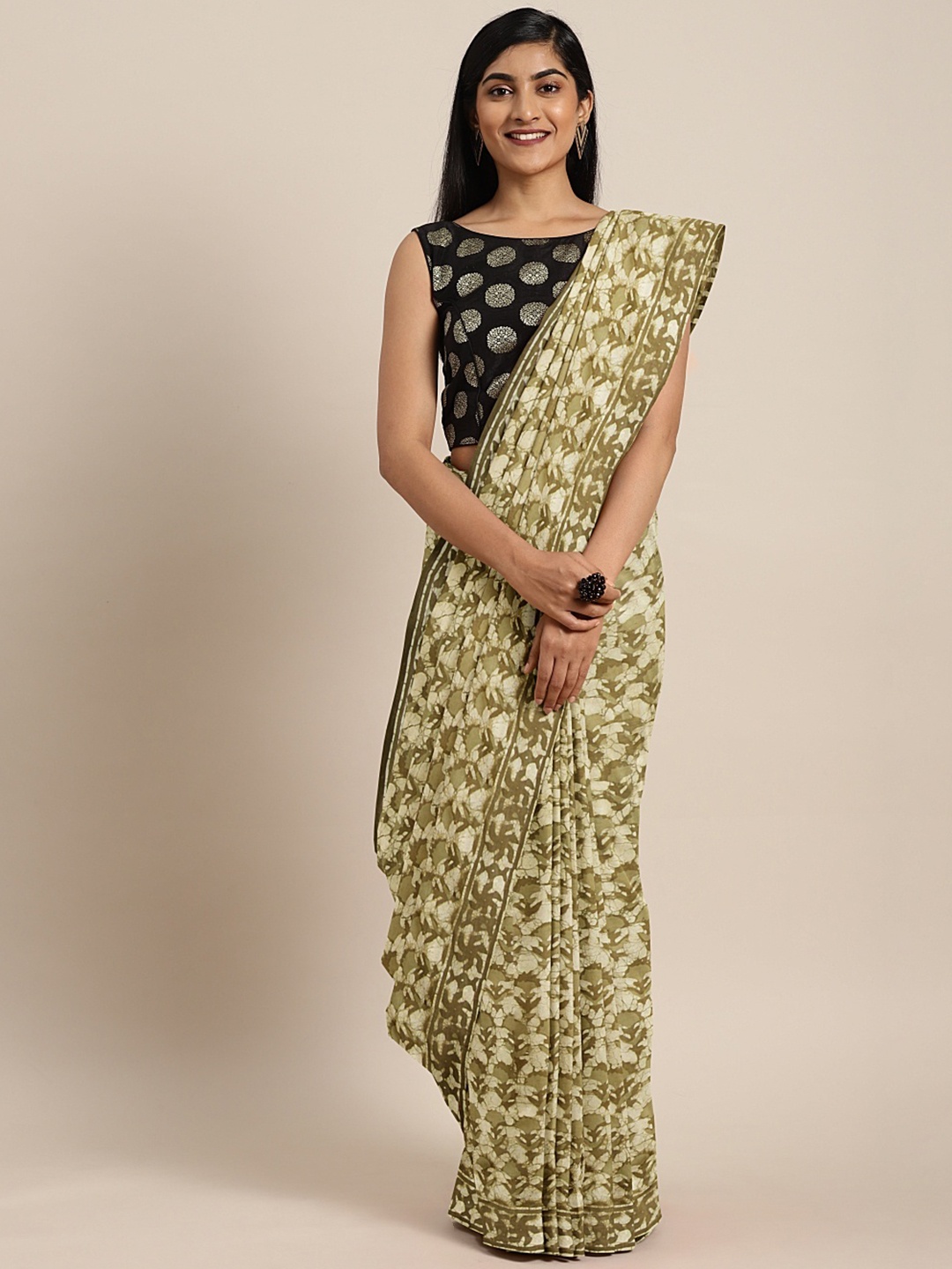 

Kalakari India Green & Off-White Dabu Handblock Print Bagru Saree