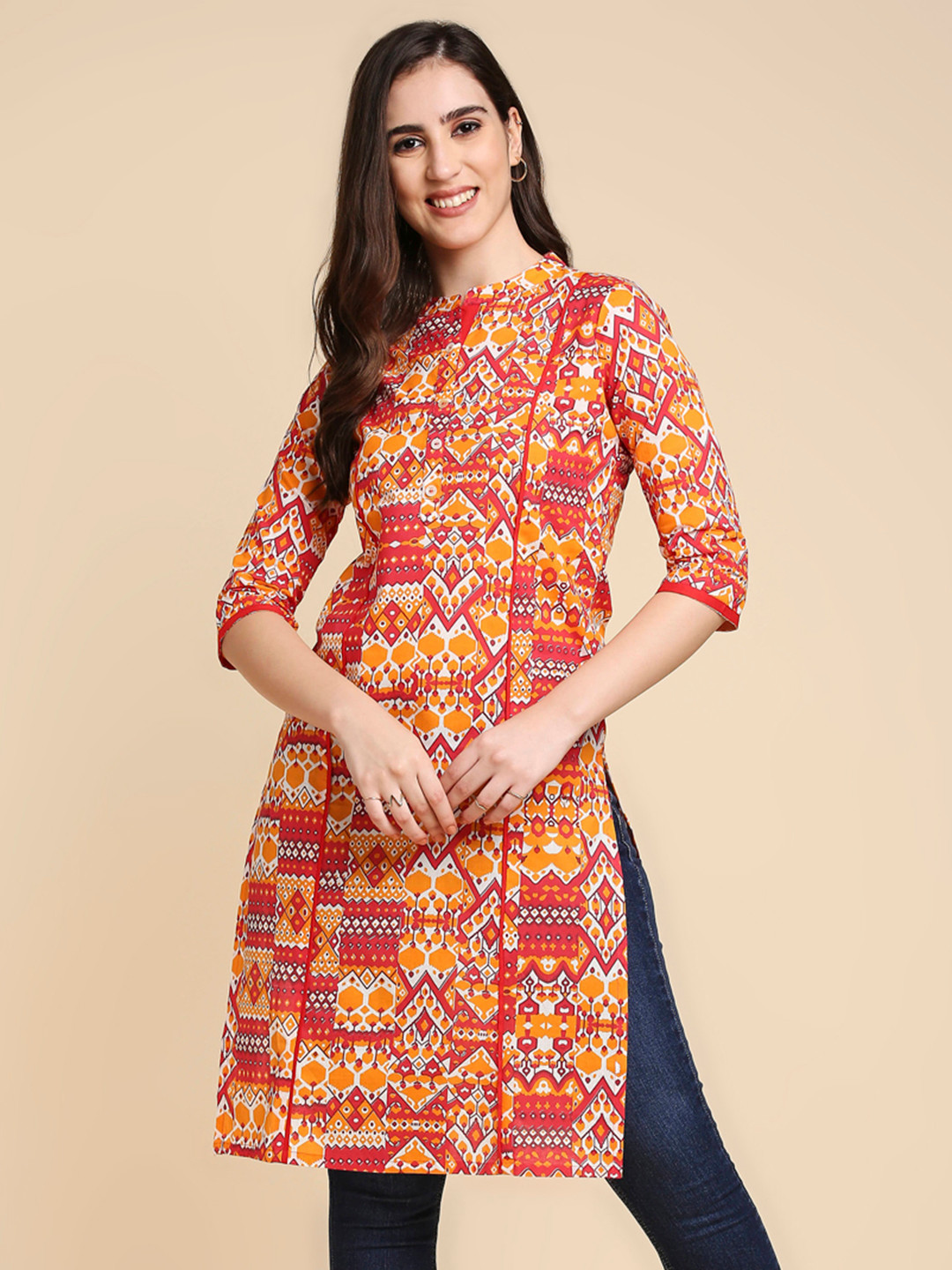 

Anubhutee Women Orange & Pink Printed Straight Kurta