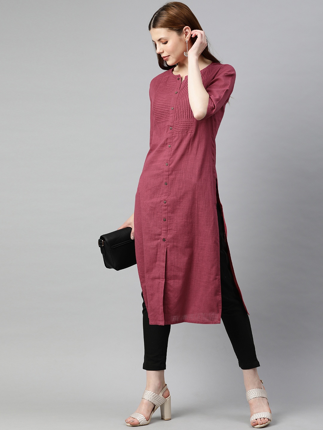 

Jaipur Kurti Women Pink & Black Solid Kurta with Trousers