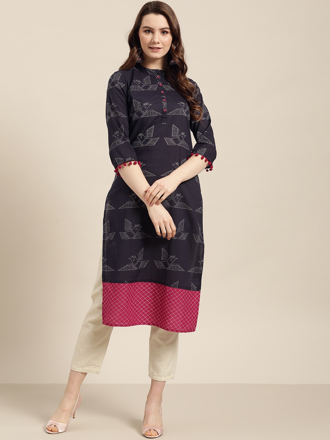 

Jaipur Kurti Women Navy Blue & Pink Quirky Print Straight Kurta, Purple