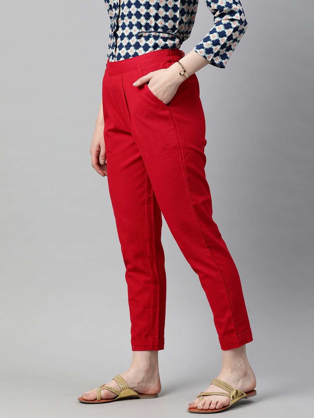 

Jaipur Kurti Women Red Regular Cropped Trousers