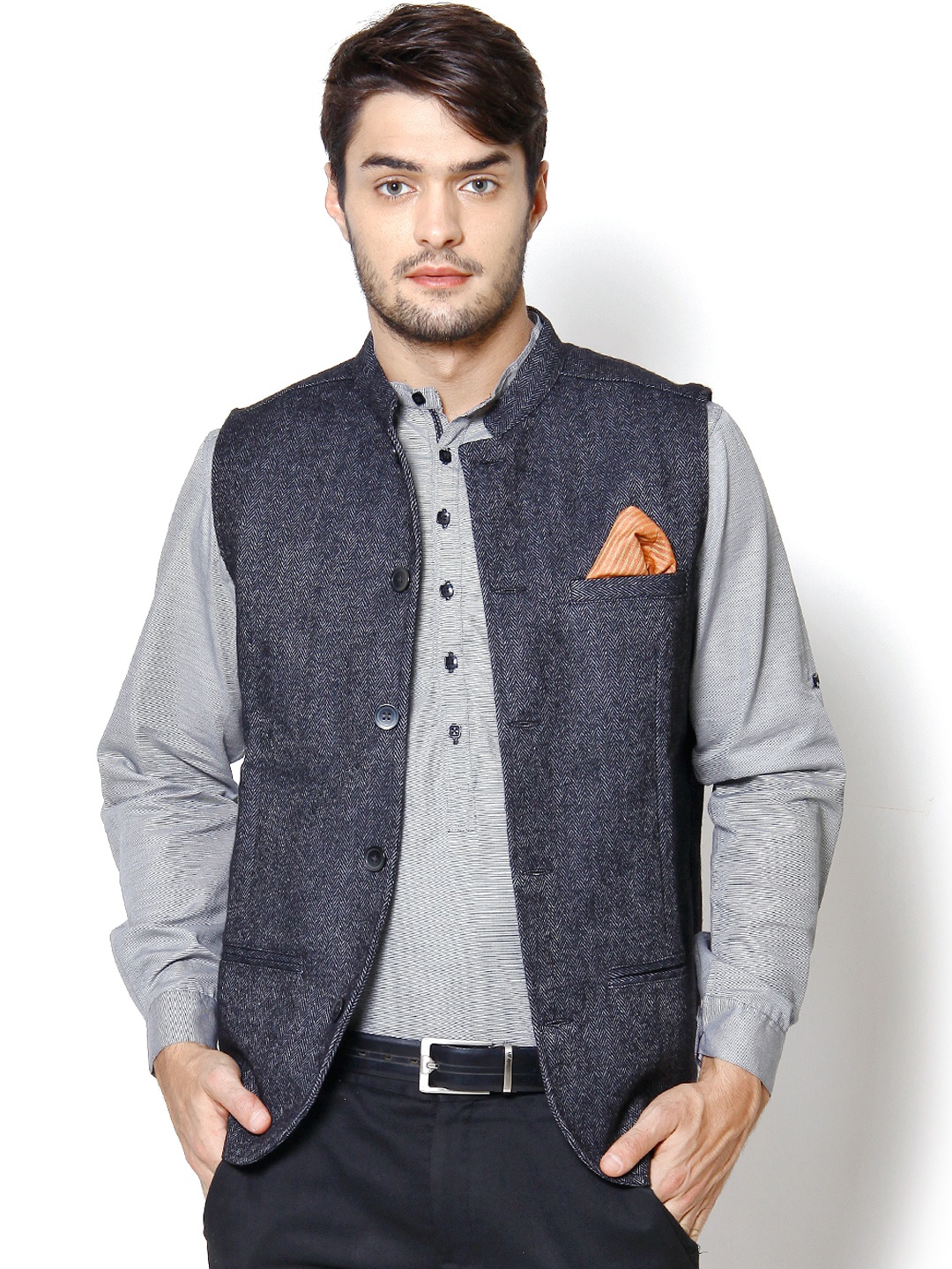 

even Blue Woollen Slim Fit Nehru Jacket