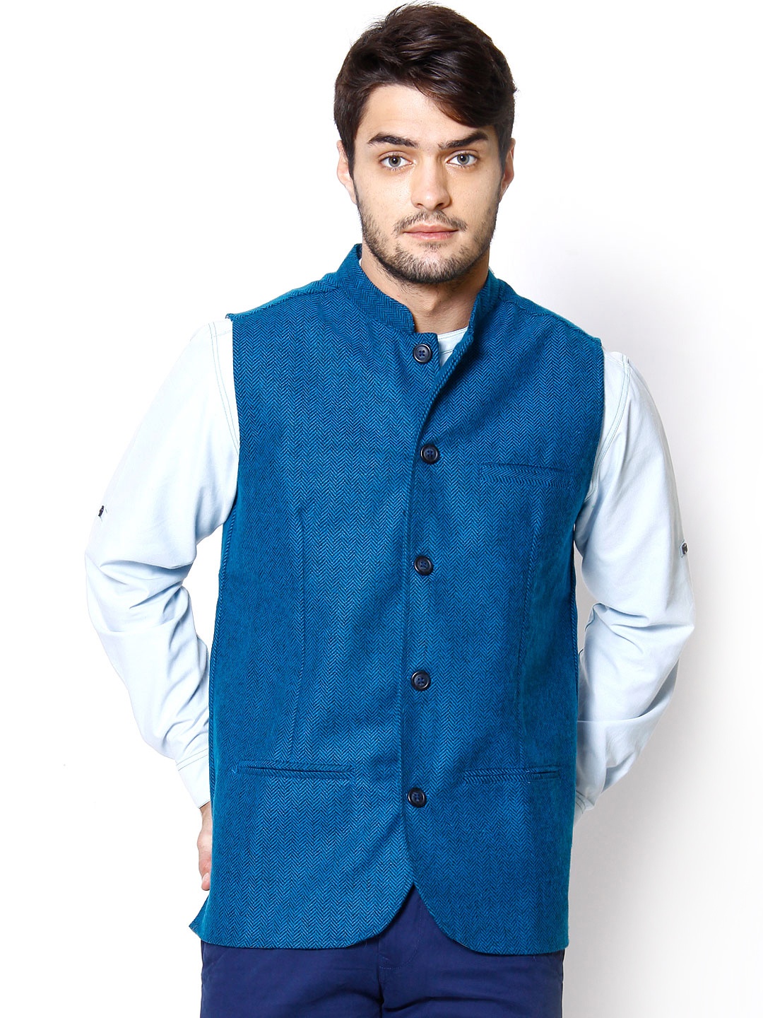 

even Blue Woollen Slim Fit Nehru Jacket