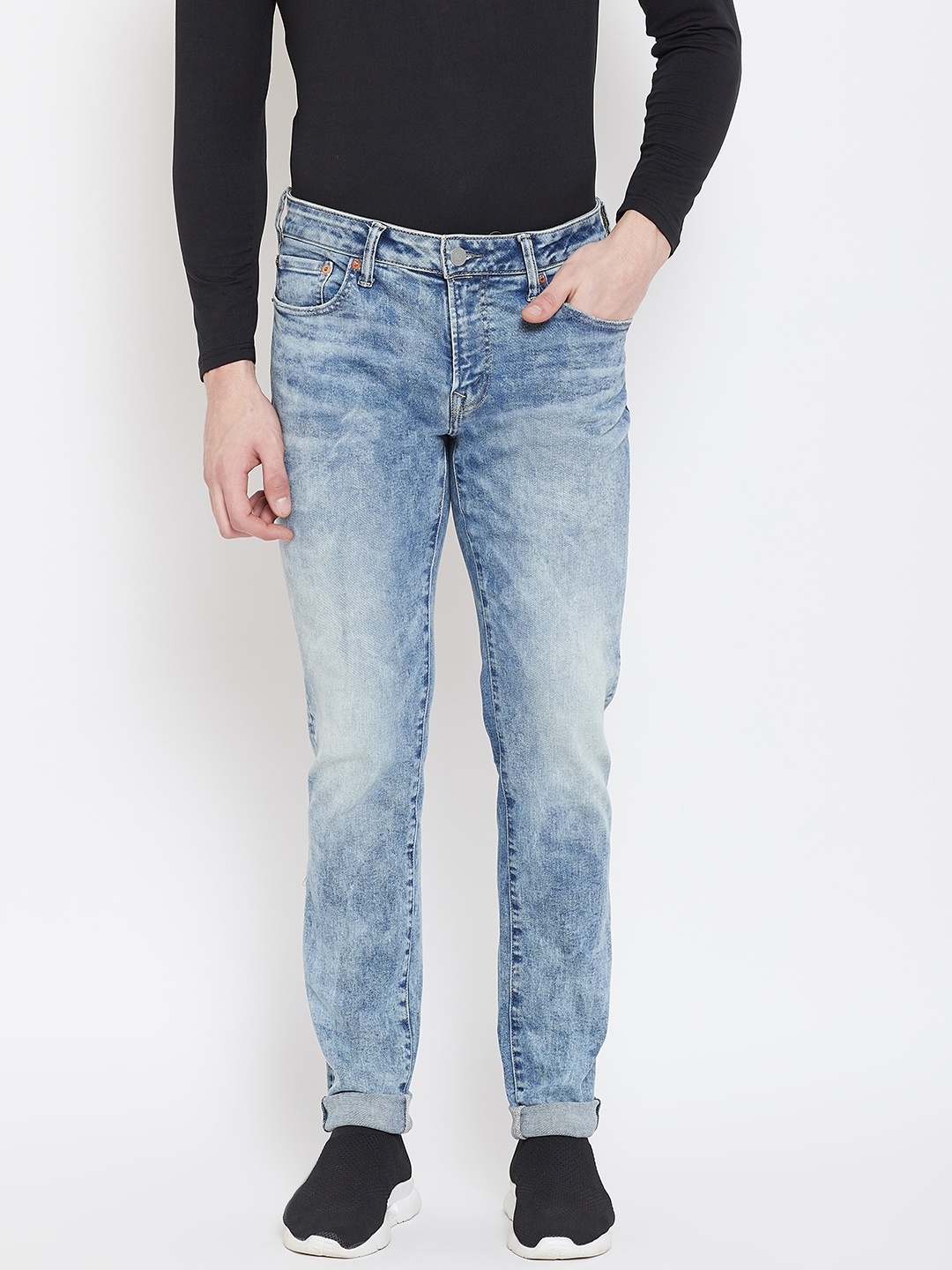 

AMERICAN EAGLE OUTFITTERS Men Blue Skinny Fit Heavy Fade Acid Wash Stretchable Jeans