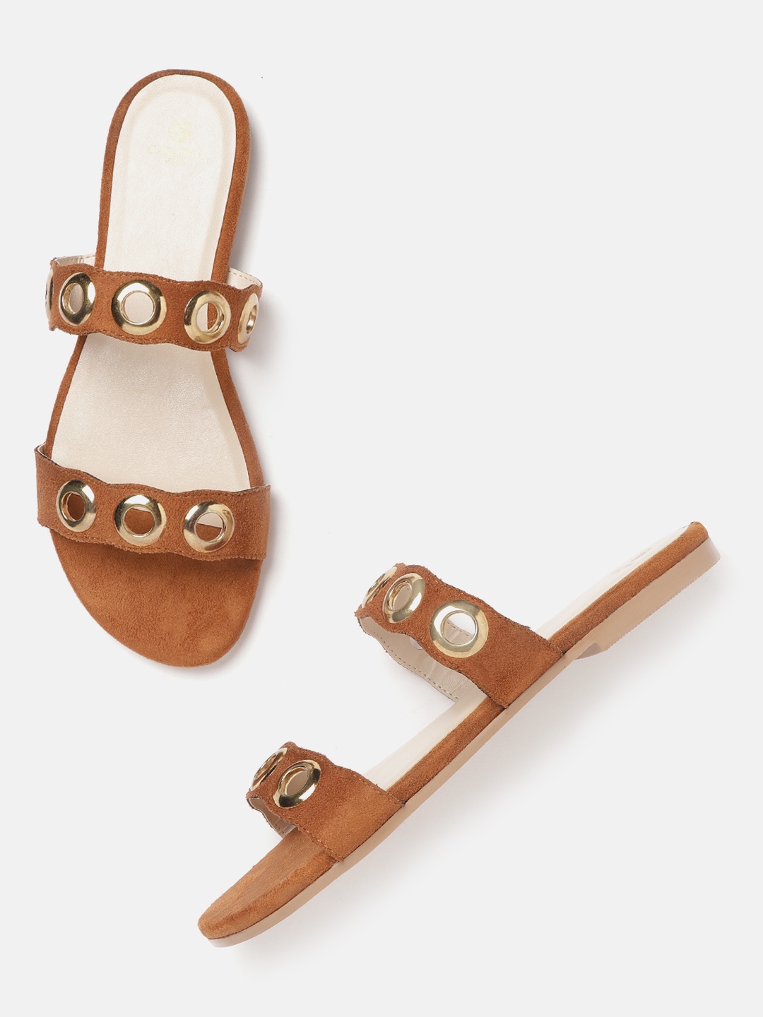

Carlton London Women Brown & Gold-Toned Rivets Open Toe Flats