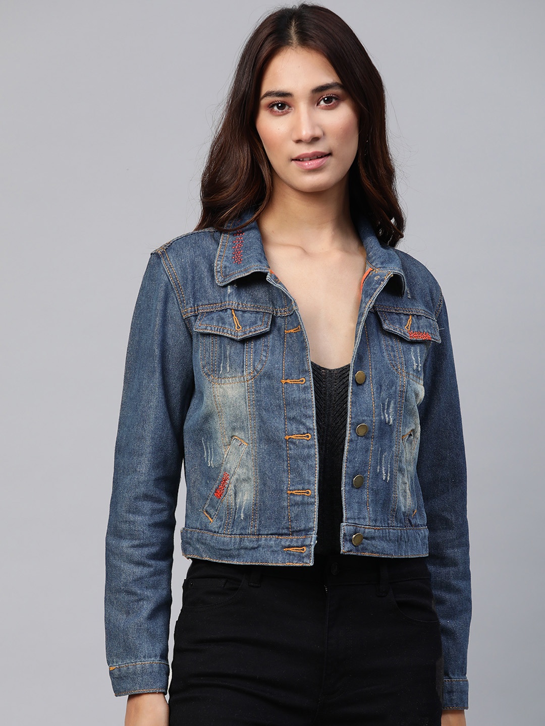 

JC Collection Women Blue Washed Denim Jacket
