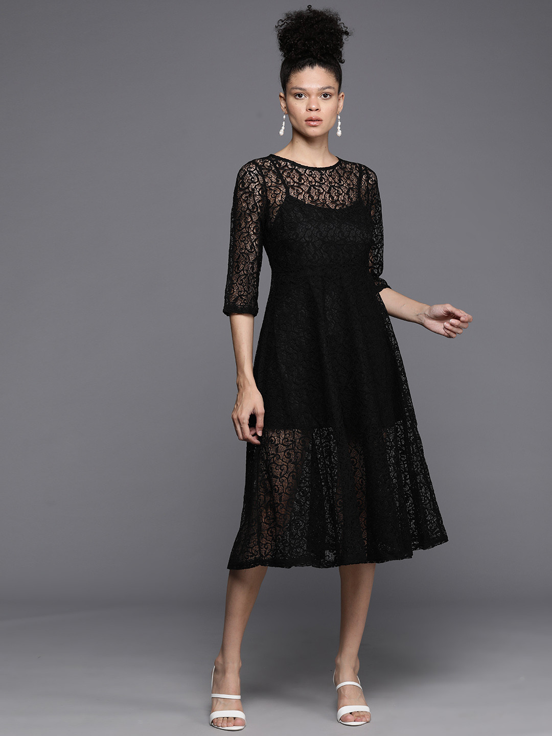 

JC Collection Floral Lace A-Line Midi Dress, Black