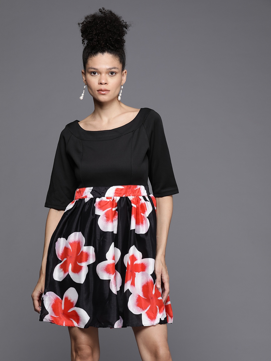 

JC Collection Floral Print Skater Dress, Black