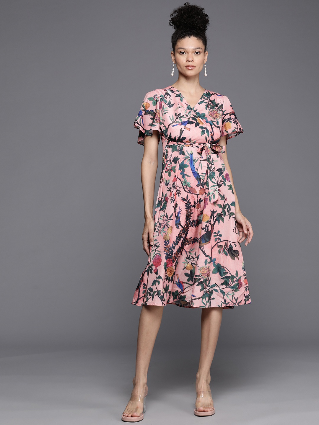 

JC Collection Floral Print Waist Tie-Up Skater Dress, Rose