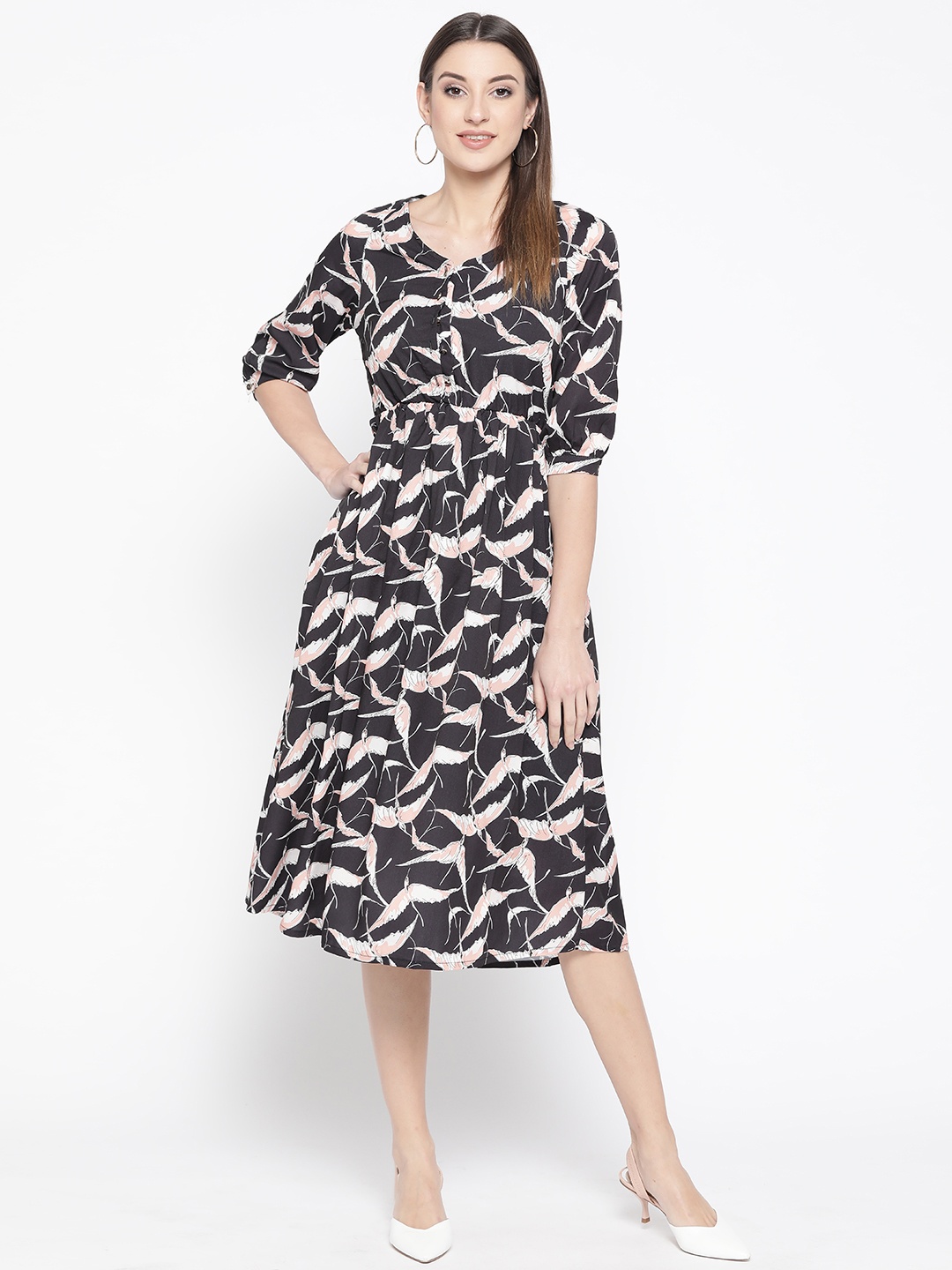

JC Collection Women Black & Off-White Printed A-Line Dress