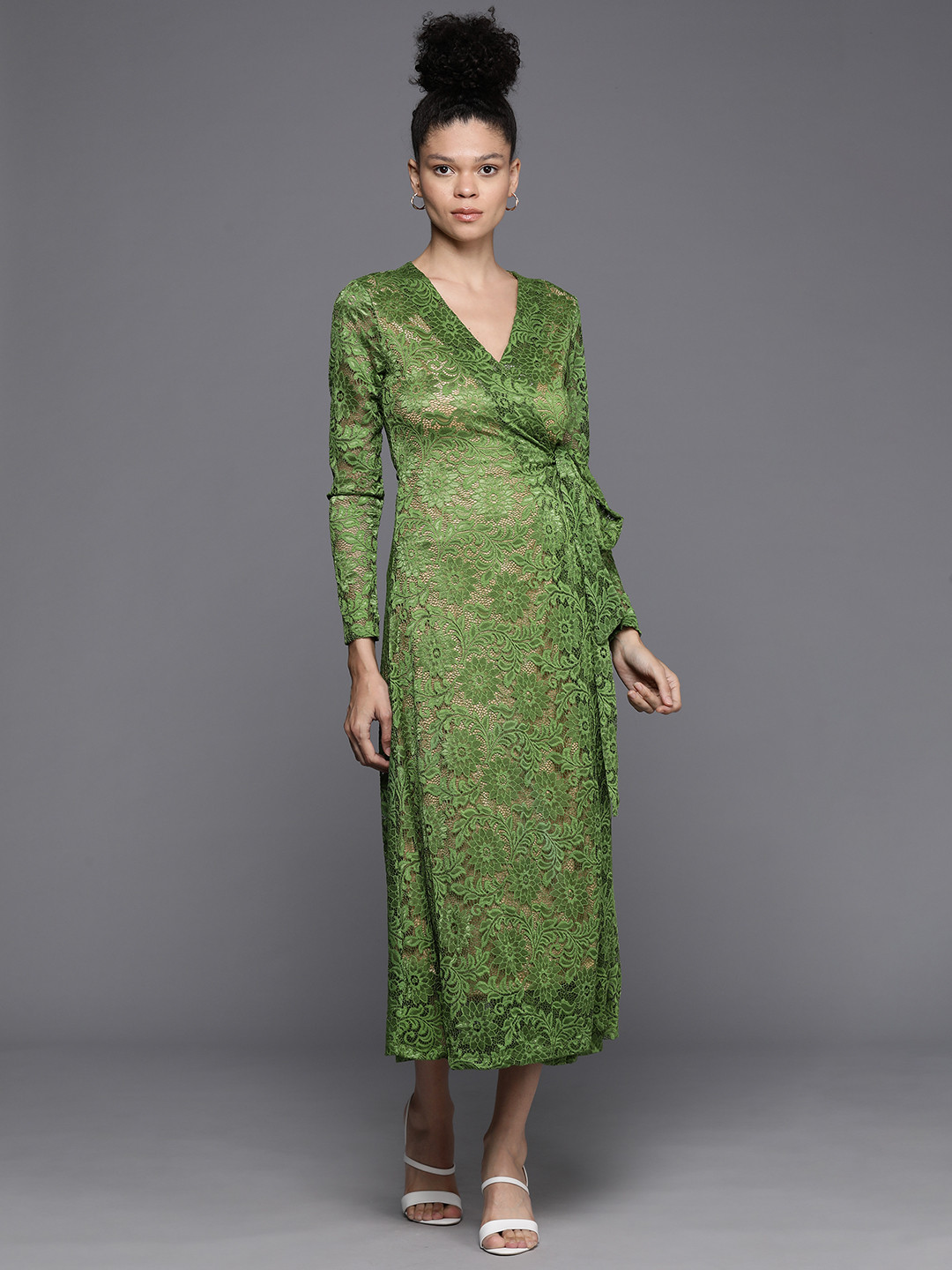

JC Collection Floral Lace Waist Tie-Up Midi Dress, Green