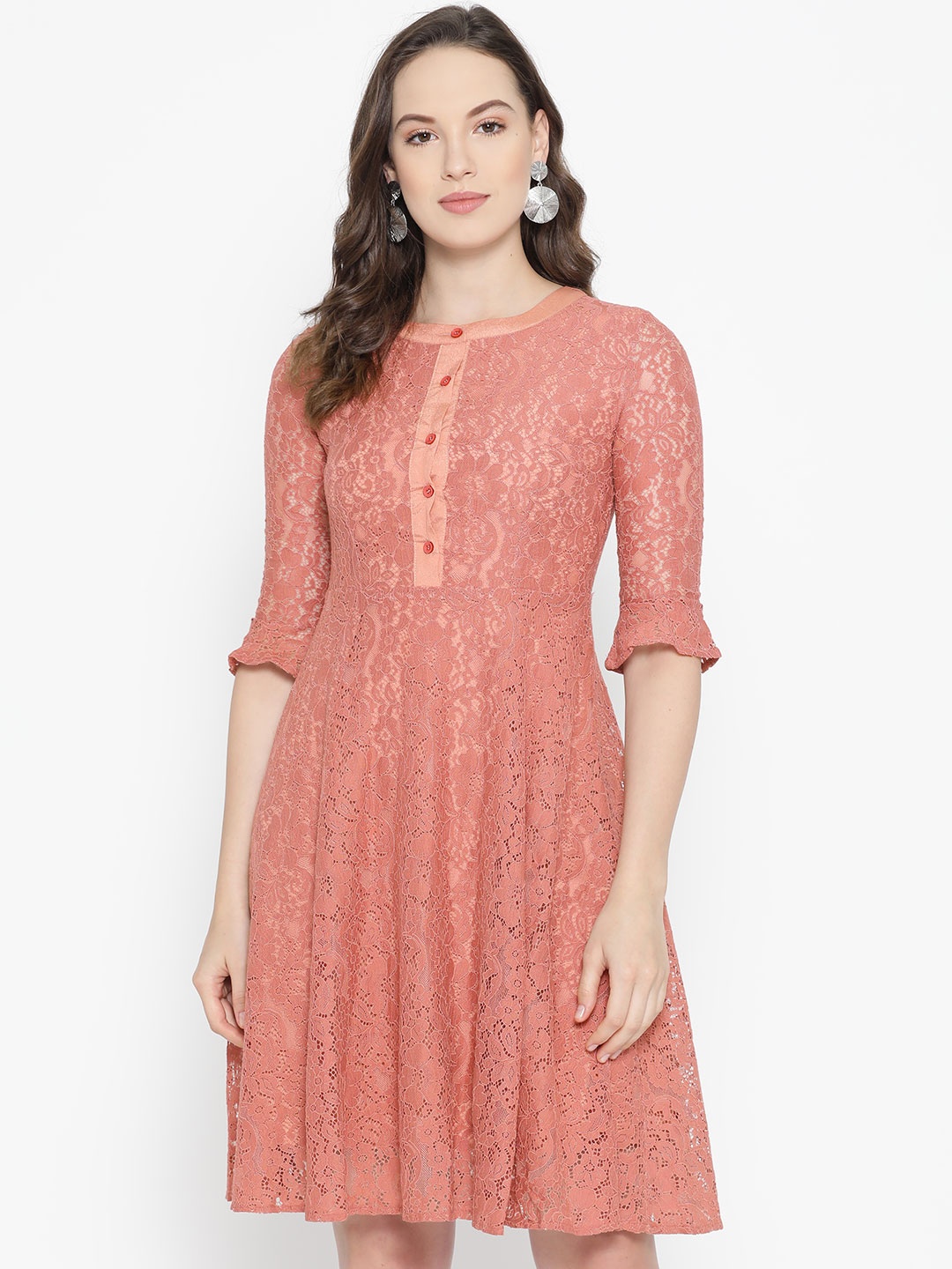 

JC Collection Women Peach-Coloured Lace Fit & Flare Dress