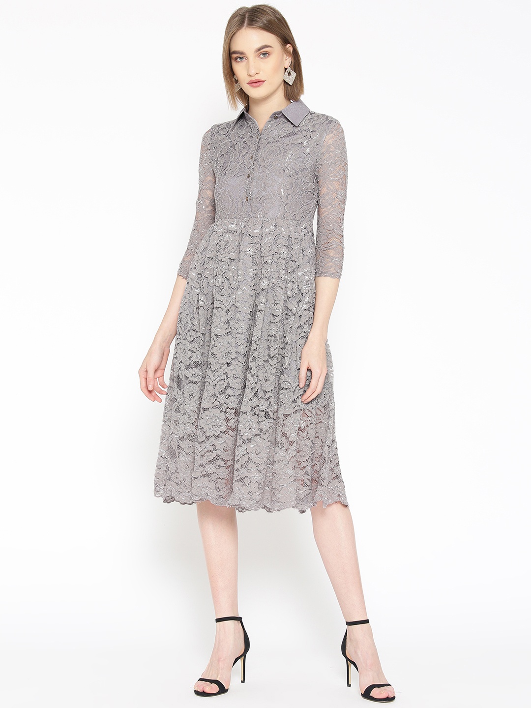 

JC Collection Women Grey Lace Shirt Dress