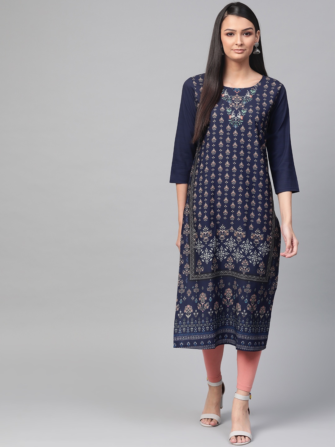 

AHIKA Women Navy Blue & Green Printed Straight Kurta