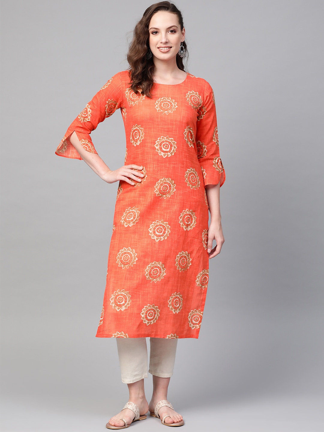 

AHIKA Women Orange & Beige Printed Straight Kurta